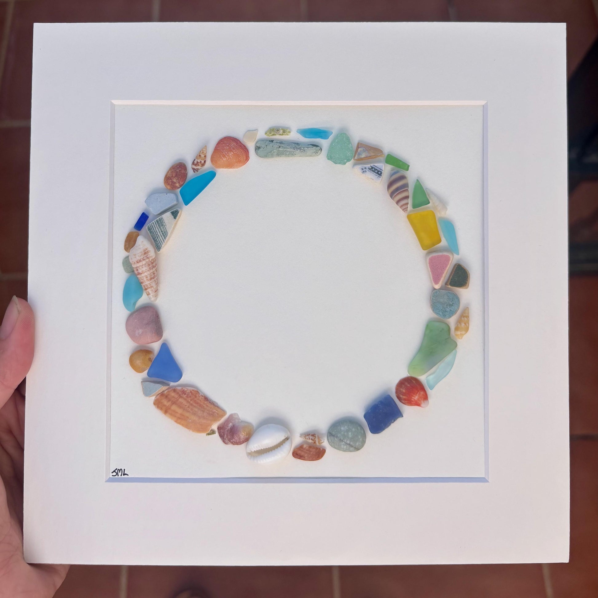 Sea Glass Circle Mosaic, Framed Beach Coastal Decor (9x9)