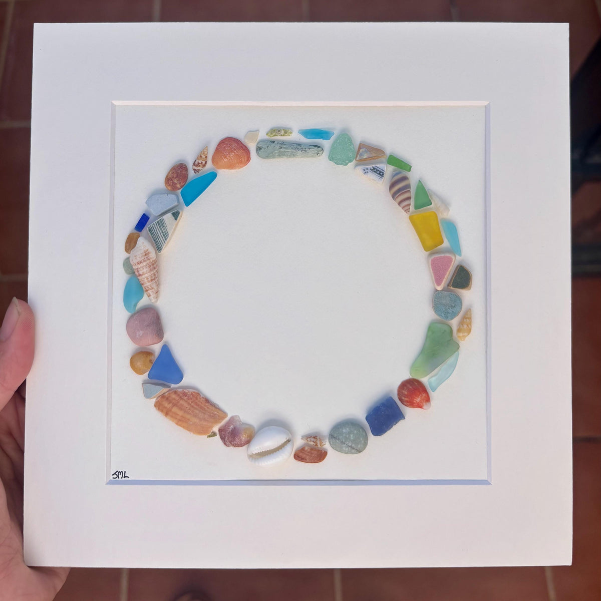 Beach Mosaic Circle Made of Sea Glass, Shells, Sea Pottery and Pebbles, 9x9 Framed Handmade Original Coastal Decor