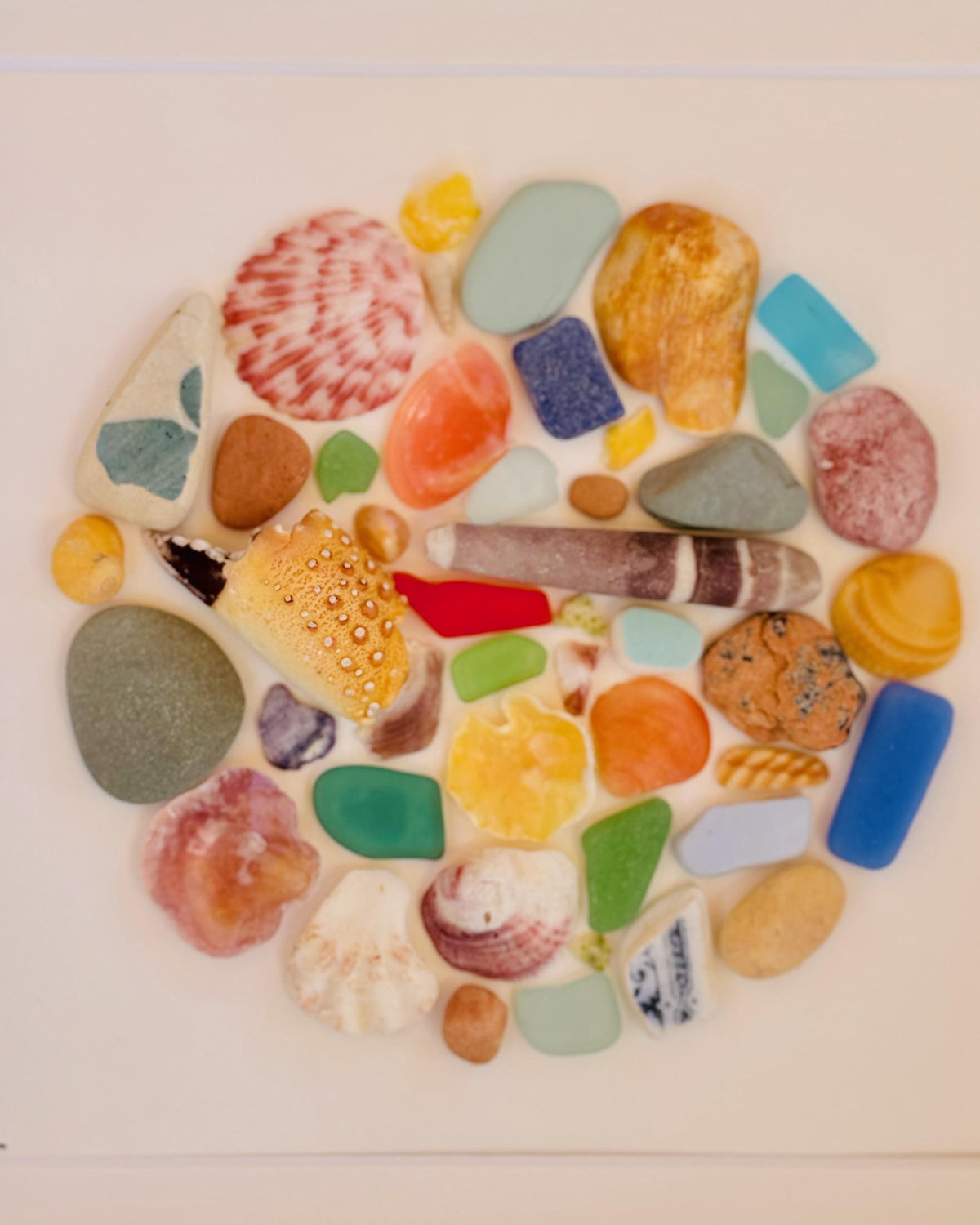 Beach Treasure Mosaic Circle Made of Sea Glass, Shells, Sea Pottery and Pebbles, 9x9 Framed Handmade Original Coastal Decor