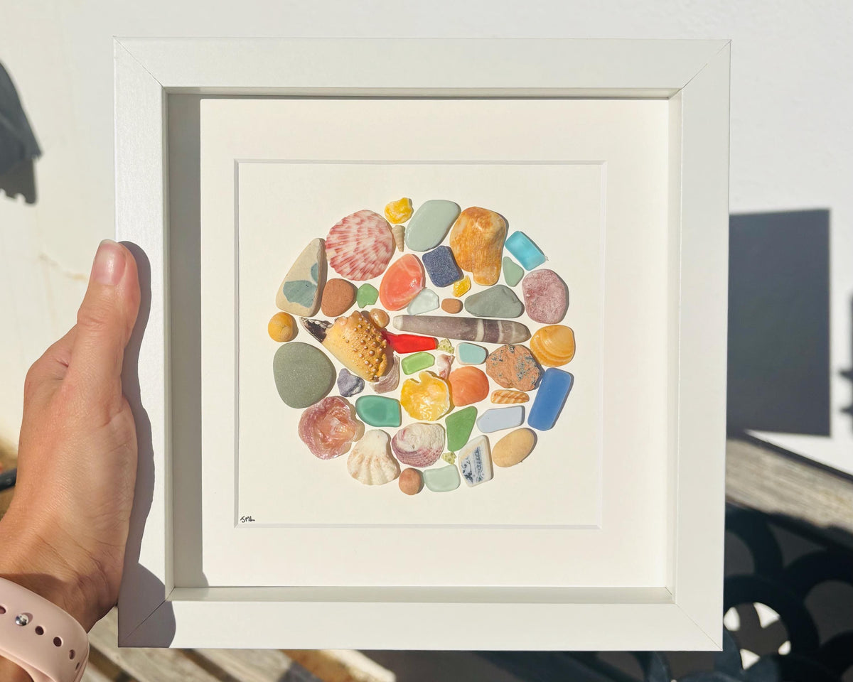 Beach Treasure Mosaic Circle Made of Sea Glass, Shells, Sea Pottery and Pebbles, 9x9 Framed Handmade Original Coastal Decor