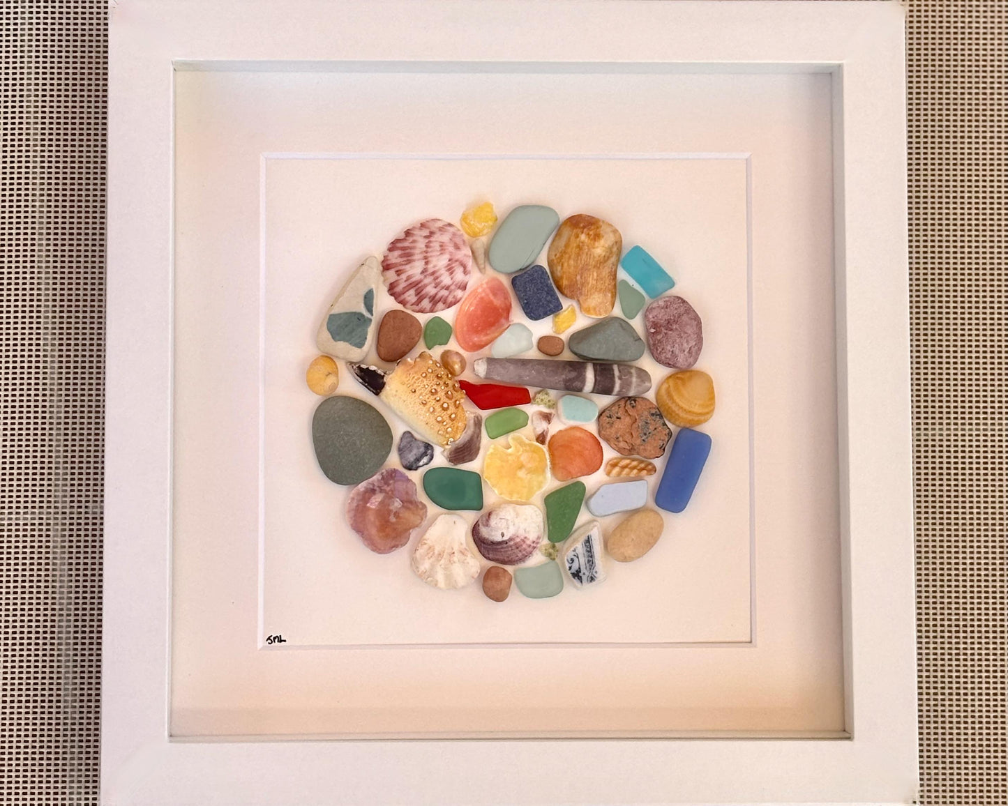 Sea Glass Mosaic Art, Framed Beach Pebble & Shell Circle, Coastal Decor