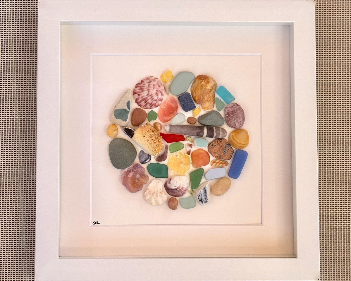 Beach Treasure Mosaic Circle Made of Sea Glass, Shells, Sea Pottery and Pebbles, 9x9 Framed Handmade Original Coastal Decor