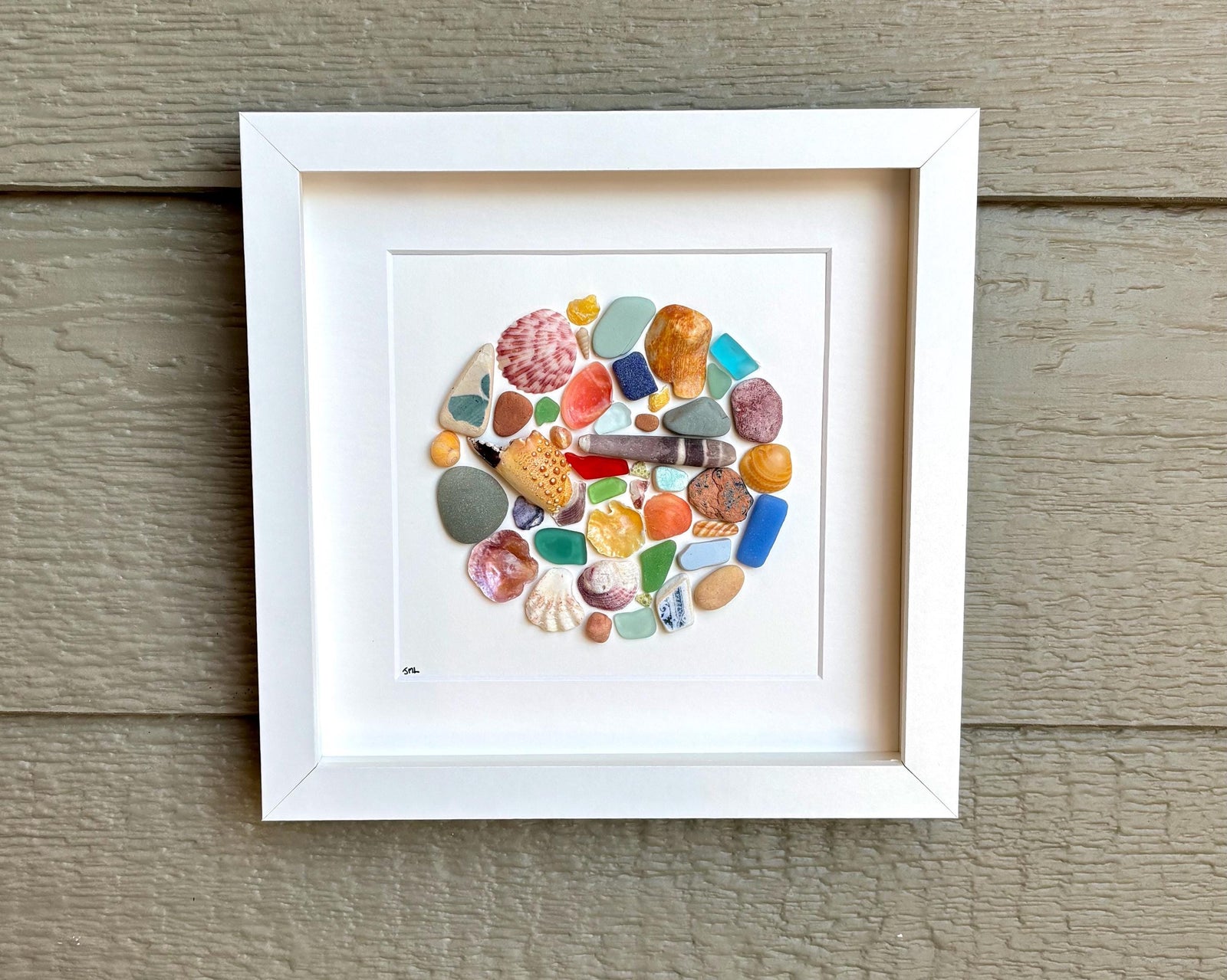 Beach Treasure Mosaic Circle Made of Sea Glass, Shells, Sea Pottery and Pebbles, 9x9 Framed Handmade Original Coastal Decor