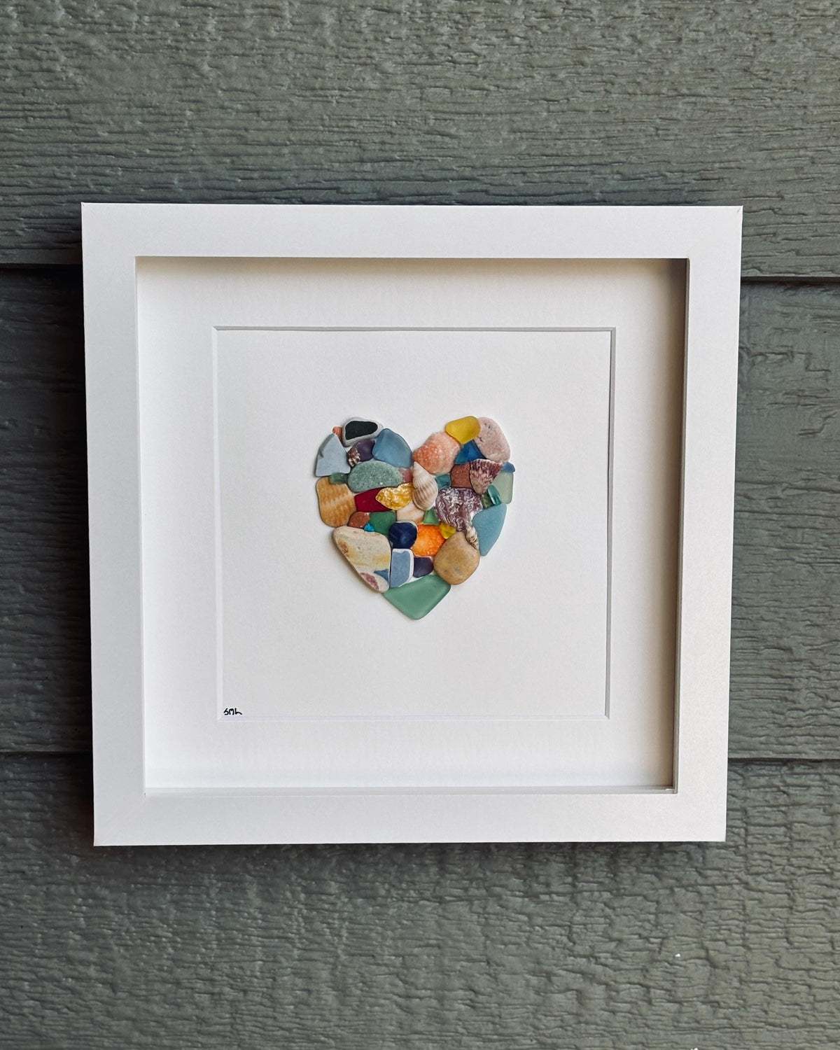Colorful Heart Beach Collage Made of Scottish Sea Glass, Shells, Sea Pottery and Pebbles, 9x9 Framed Handmade Original Wall Decor