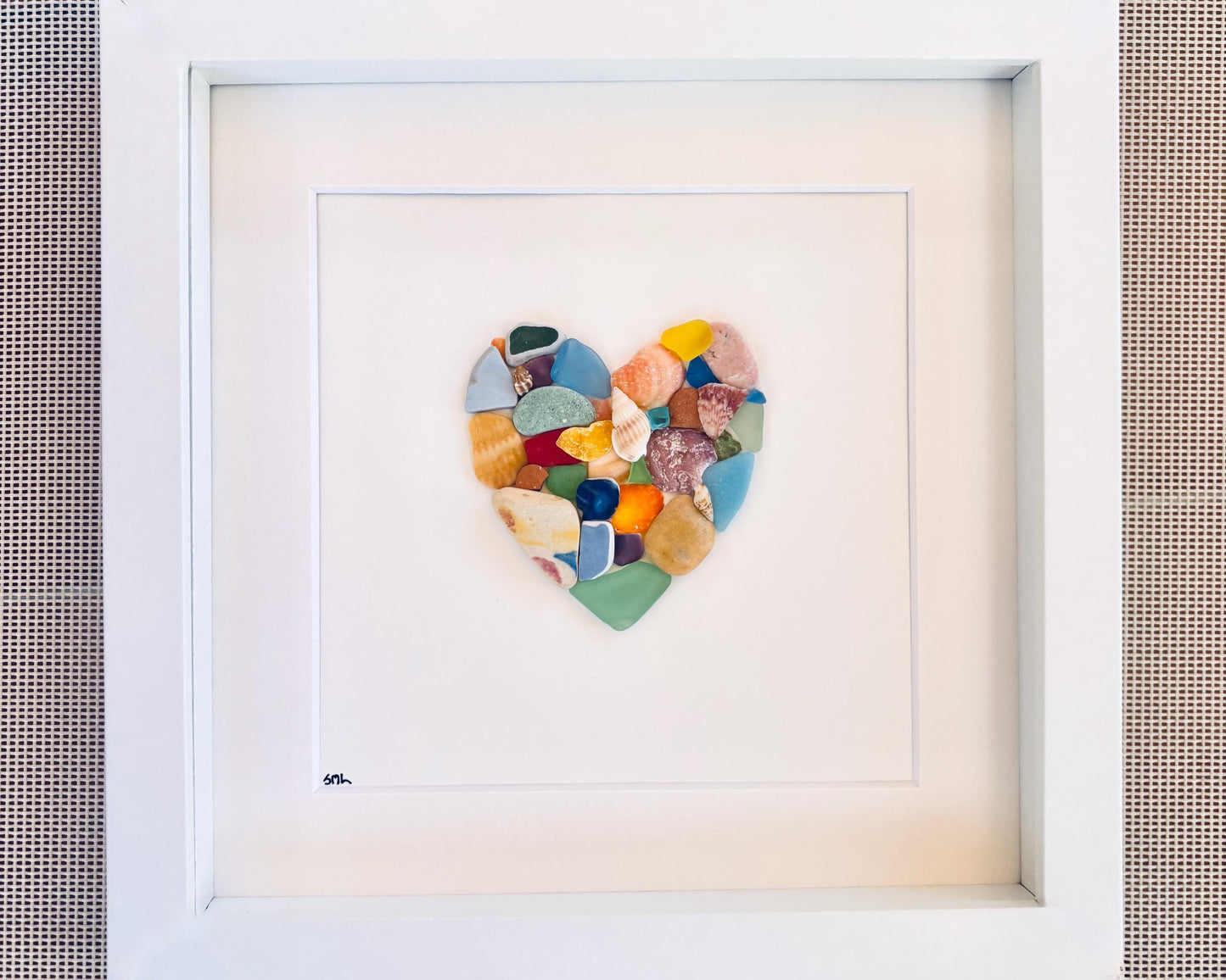 Colorful Heart Beach Collage Made of Scottish Sea Glass, Shells, Sea Pottery and Pebbles, 9x9 Framed Handmade Original Wall Decor