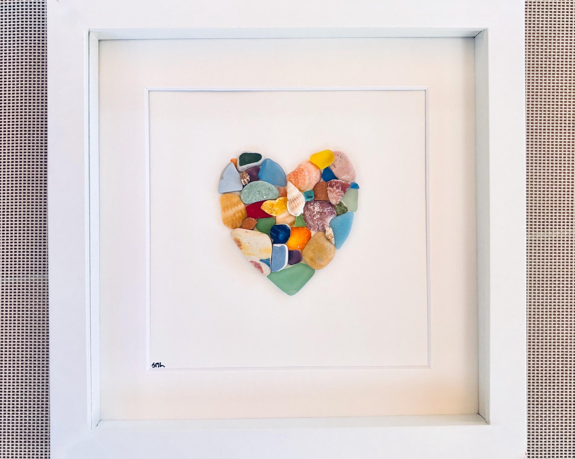 Colorful Heart Beach Collage Made of Scottish Sea Glass, Shells, Sea Pottery and Pebbles, 9x9 Framed Handmade Original Wall Decor