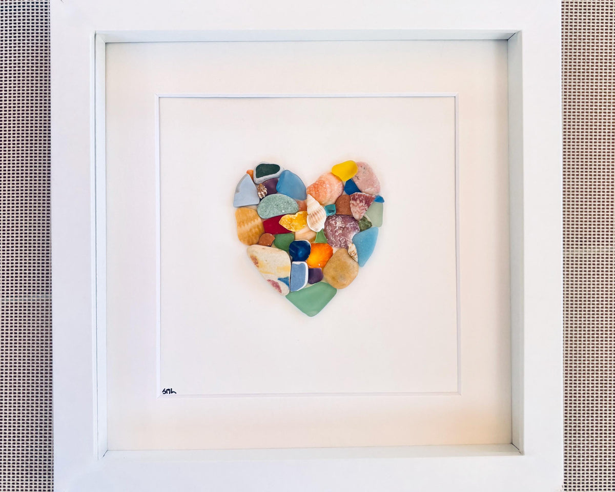 Colorful Heart Beach Collage Made of Scottish Sea Glass, Shells, Sea Pottery and Pebbles, 9x9 Framed Handmade Original Wall Decor