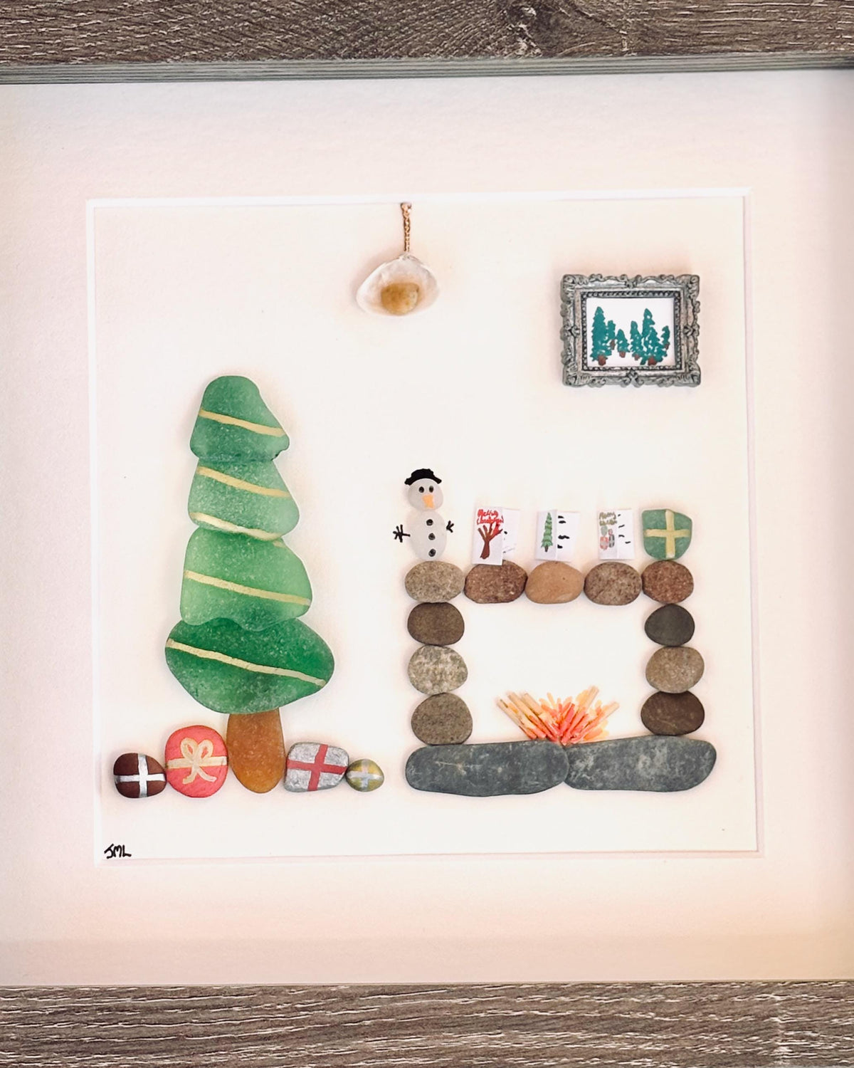 One of a kind Christmas Wall Art Made From Natural Materials incl. Scottish sea glass, beach pebbles, shells; 9x9 Framed Christmas Artwork