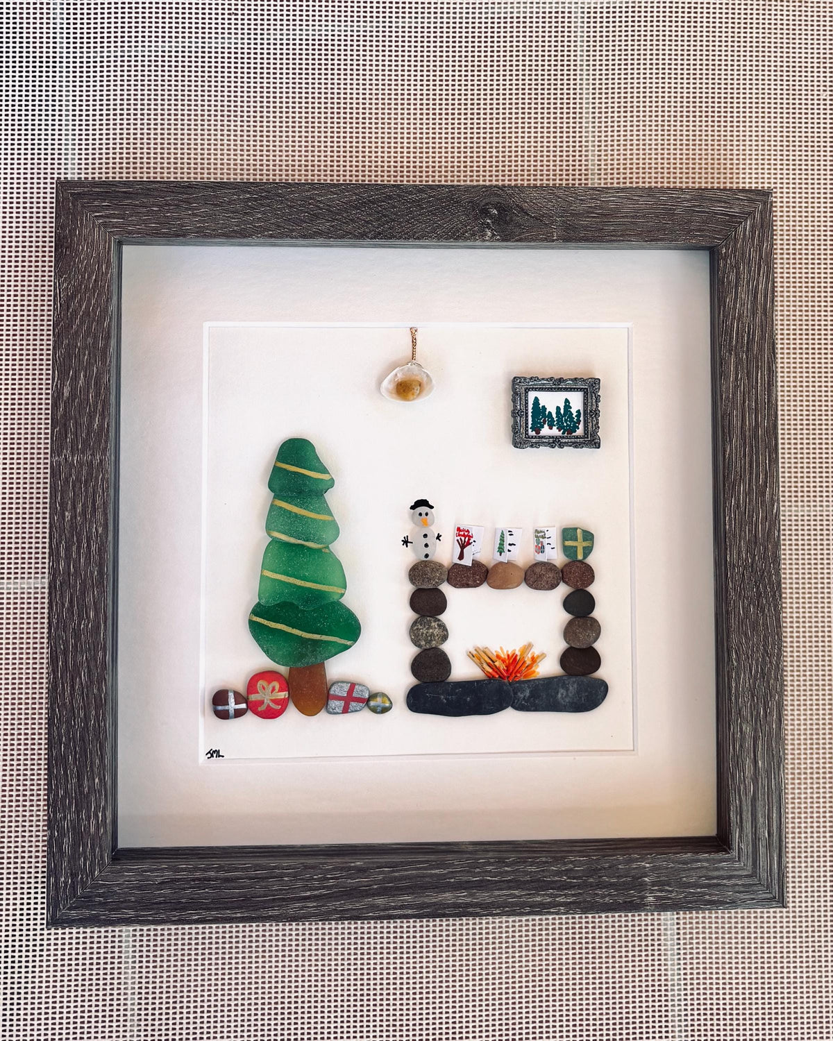 One of a kind Christmas Wall Art Made From Natural Materials incl. Scottish sea glass, beach pebbles, shells; 9x9 Framed Christmas Artwork