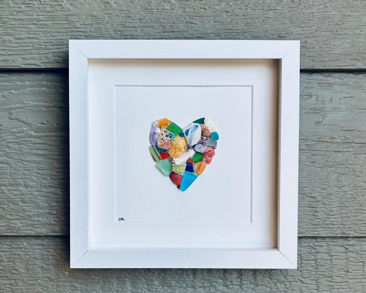 Colorful Heart Beach Collage Made of Scottish Sea Glass, Shells, Sea Pottery and Pebbles, 9x9 Framed Handmade Original Wall Decor