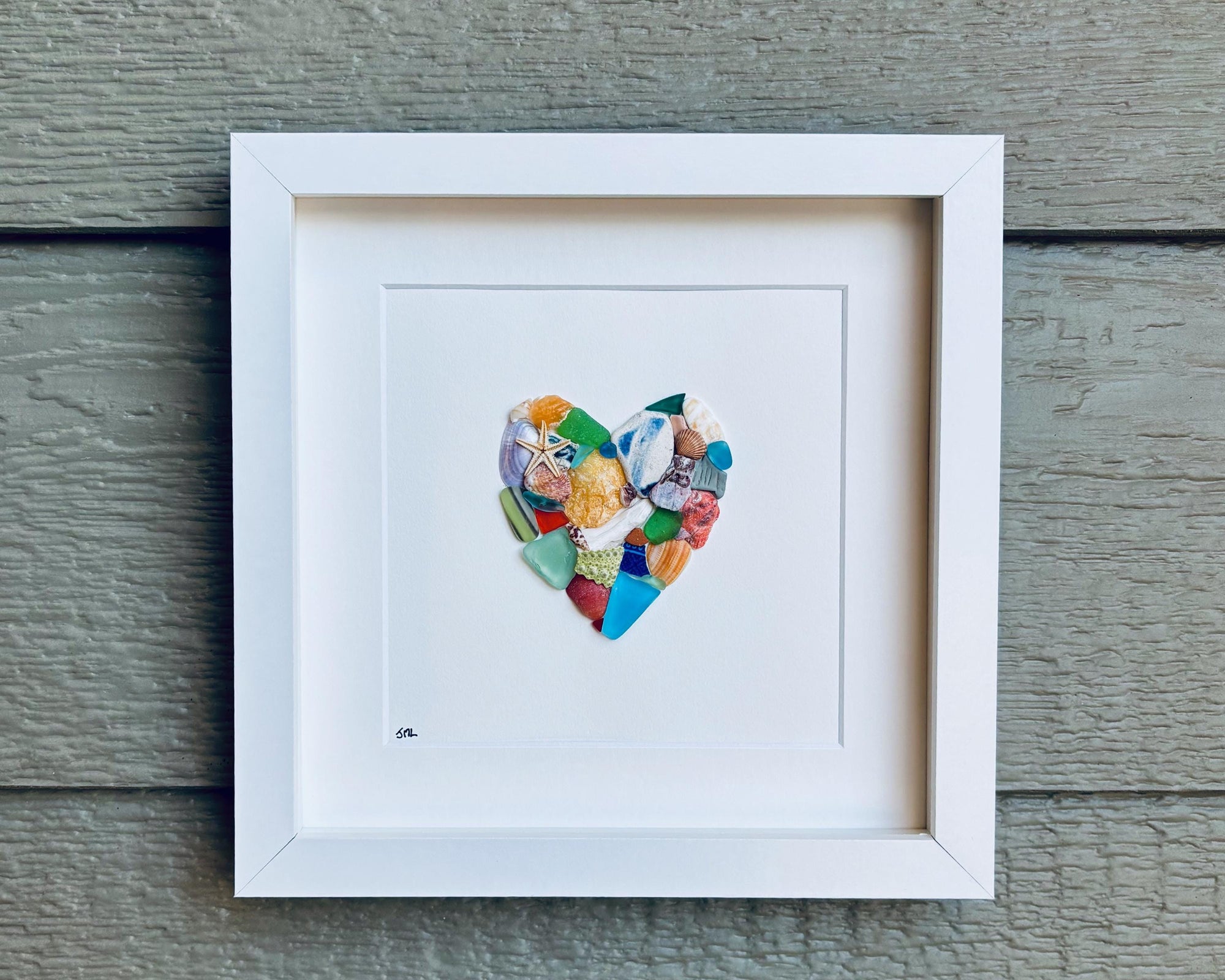 Colorful Heart Beach Collage Made of Scottish Sea Glass, Shells, Sea Pottery and Pebbles, 9x9 Framed Handmade Original Wall Decor