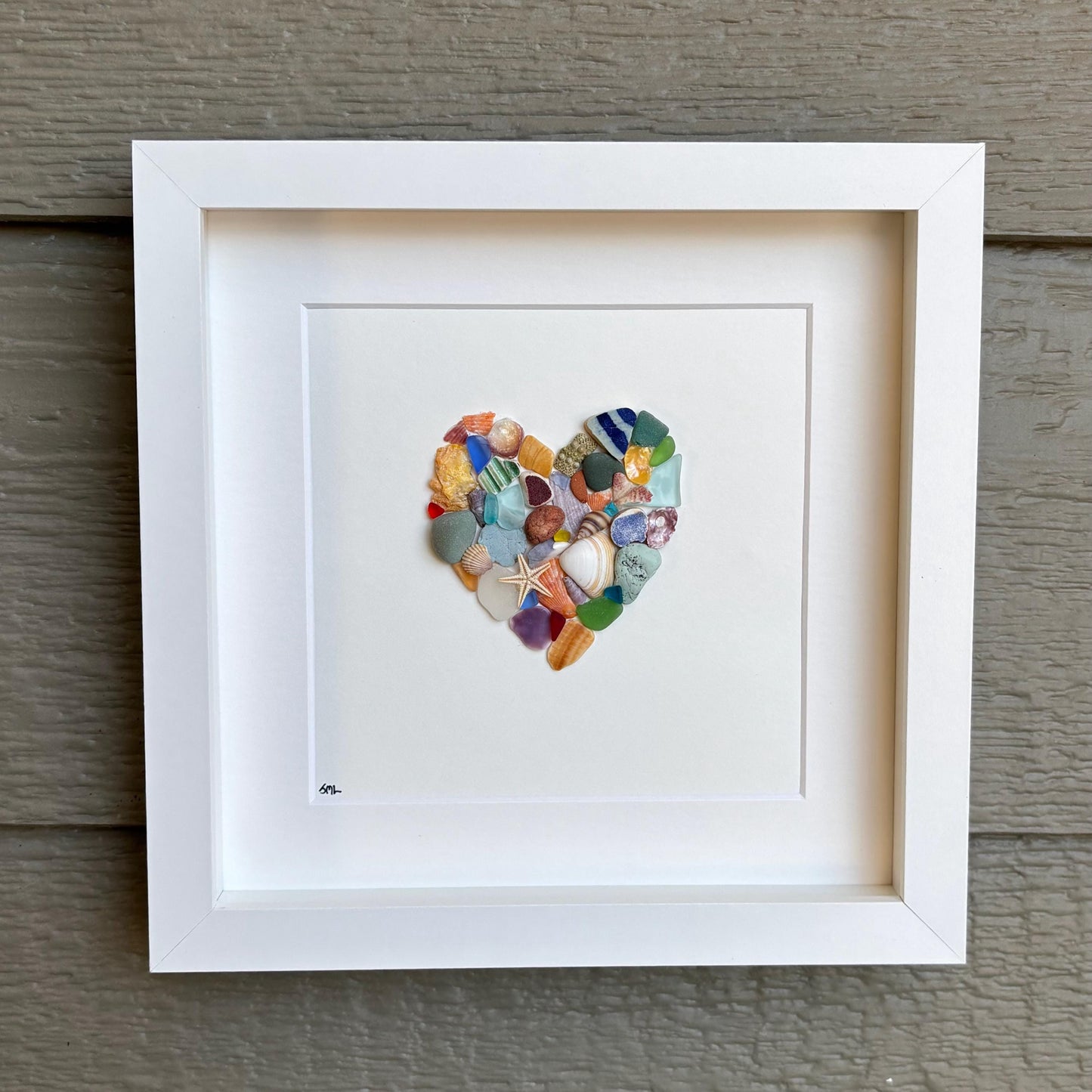 Colorful Heart Beach Collage Made of Scottish Sea Glass, Shells, Sea Pottery and Pebbles, 9x9 Framed Handmade Original Wall Decor