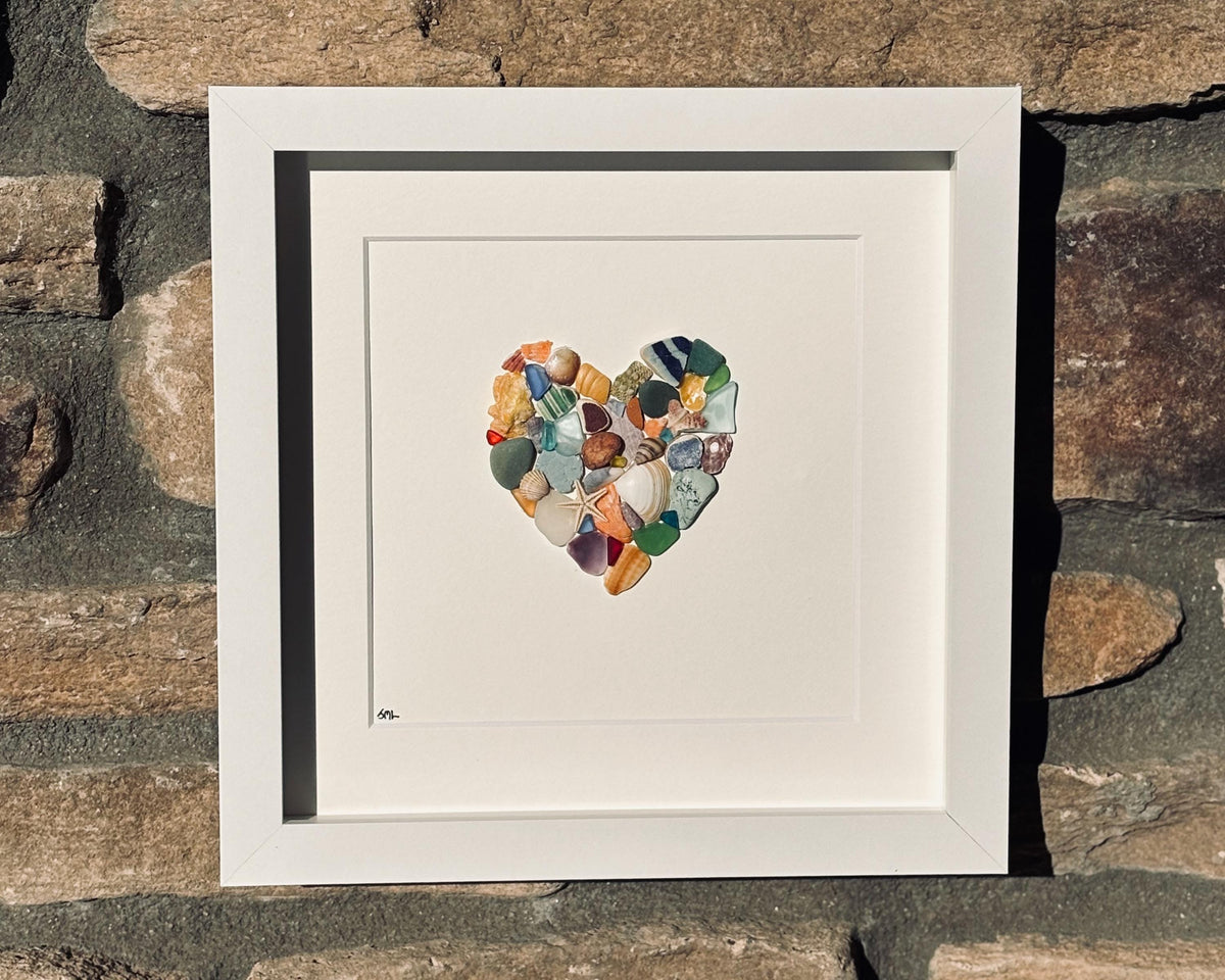 Colorful Heart Beach Collage Made of Scottish Sea Glass, Shells, Sea Pottery and Pebbles, 9x9 Framed Handmade Original Wall Decor