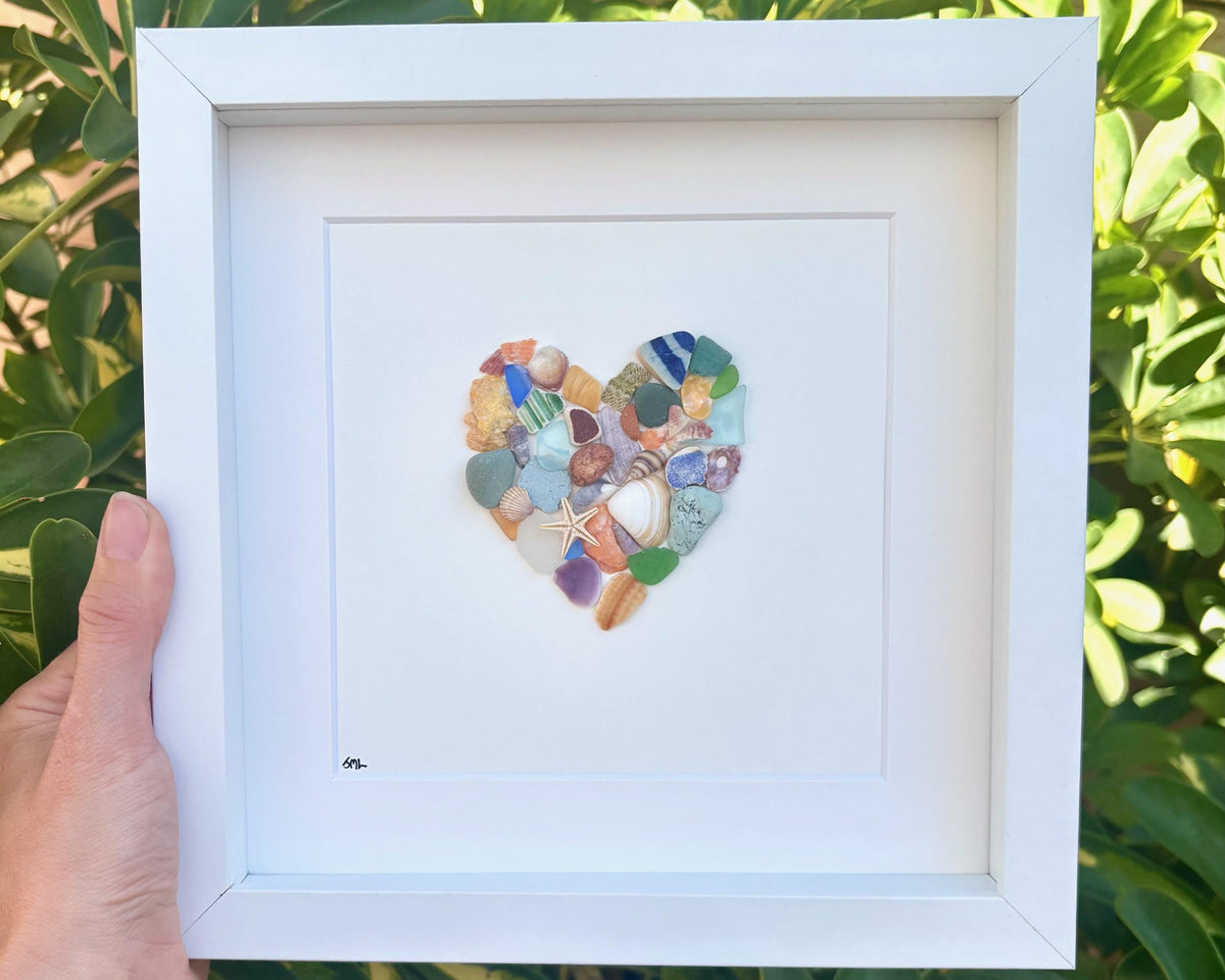 Colorful Heart Beach Collage Made of Scottish Sea Glass, Shells, Sea Pottery and Pebbles, 9x9 Framed Handmade Original Wall Decor