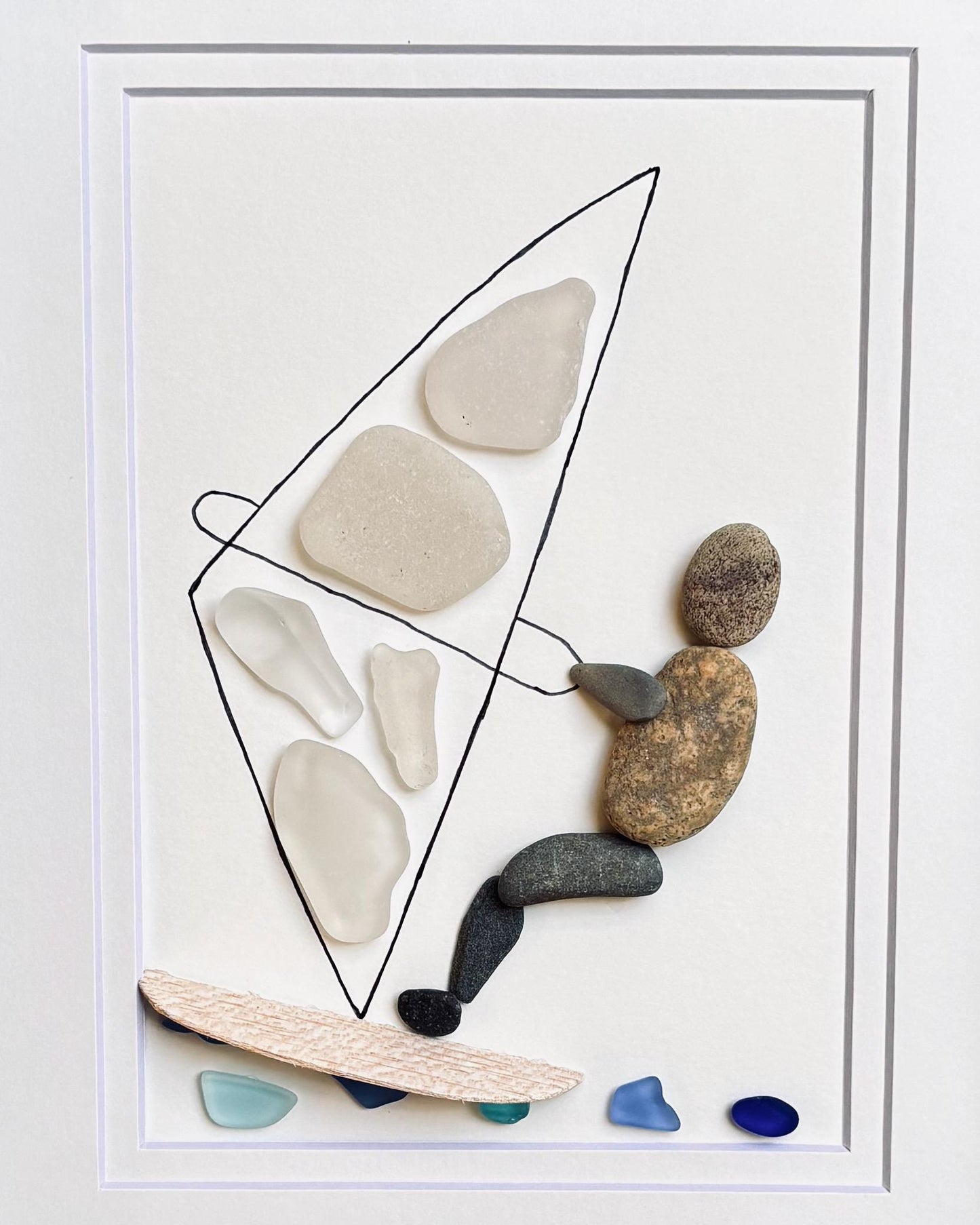 Windsurfing Pebble and Sea Glass Artwork, 8x10” Framed Handmade Wall Decor