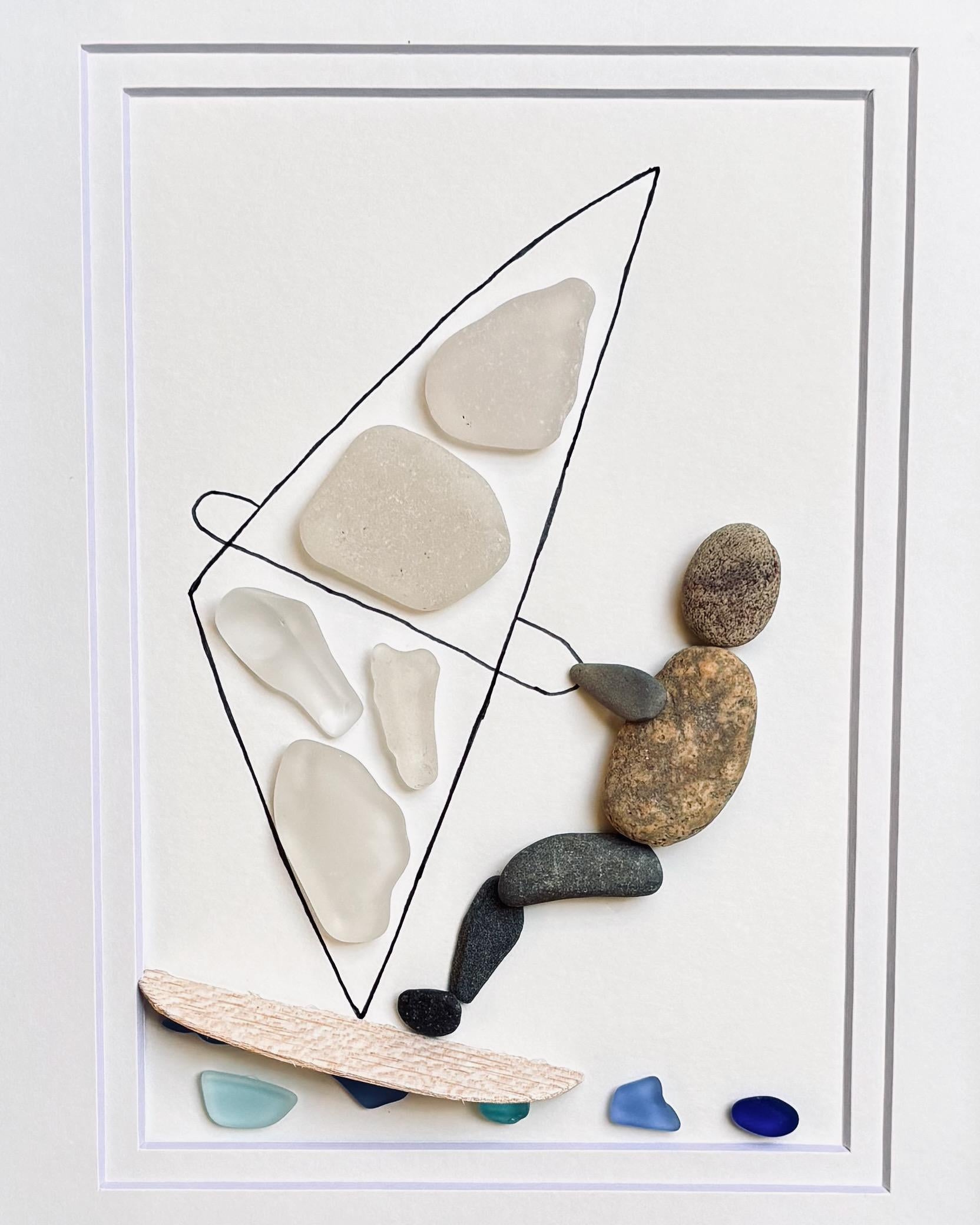 Windsurfing Pebble and Sea Glass Artwork, 8x10” Framed Handmade Wall Decor