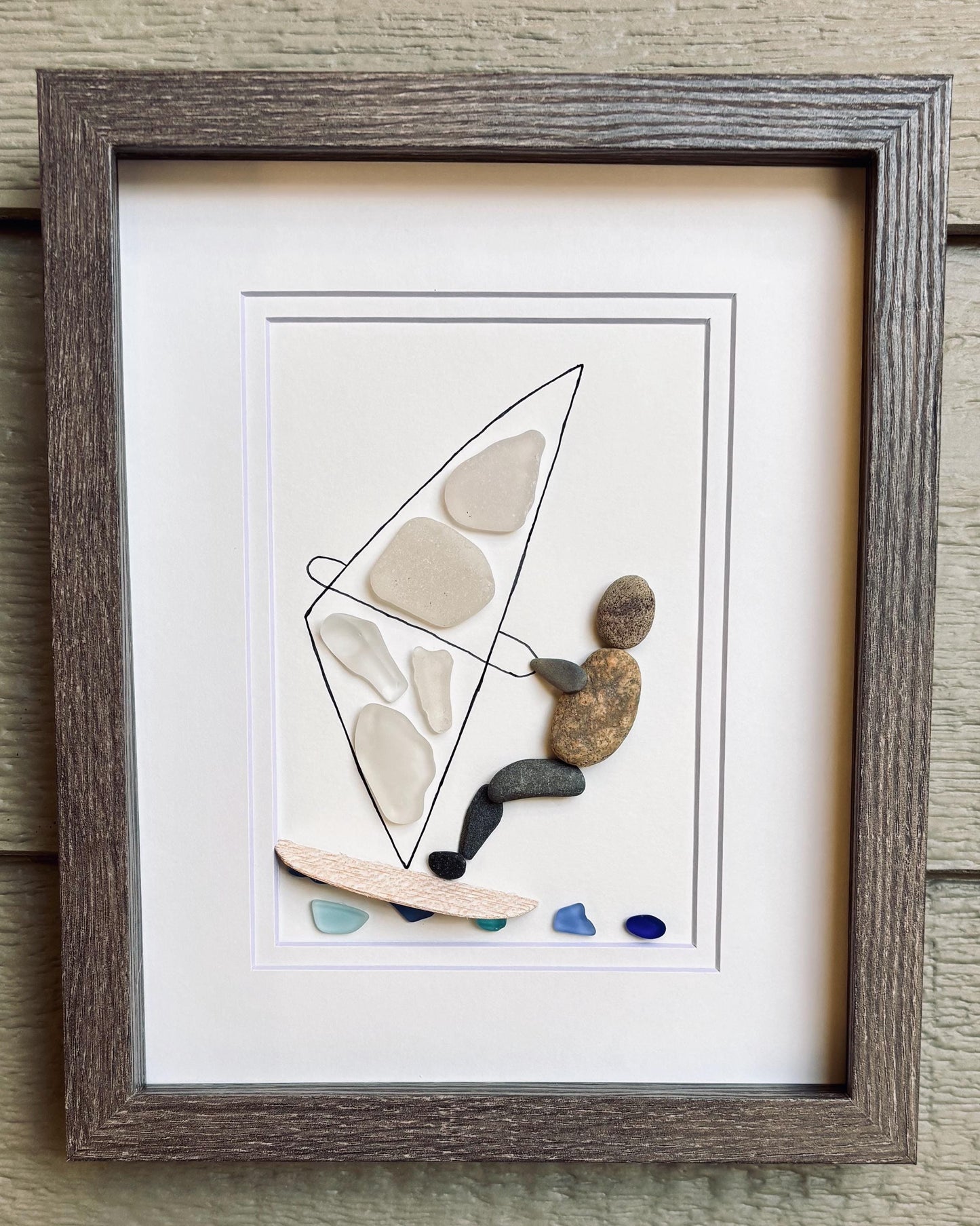 Windsurfing Pebble and Sea Glass Artwork, 8x10” Framed Handmade Wall Decor
