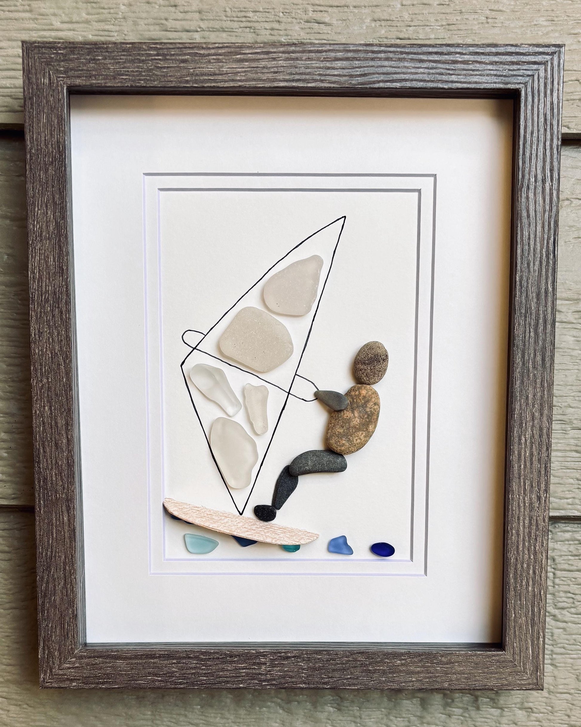Windsurfing Pebble and Sea Glass Artwork, 8x10” Framed Handmade Wall Decor
