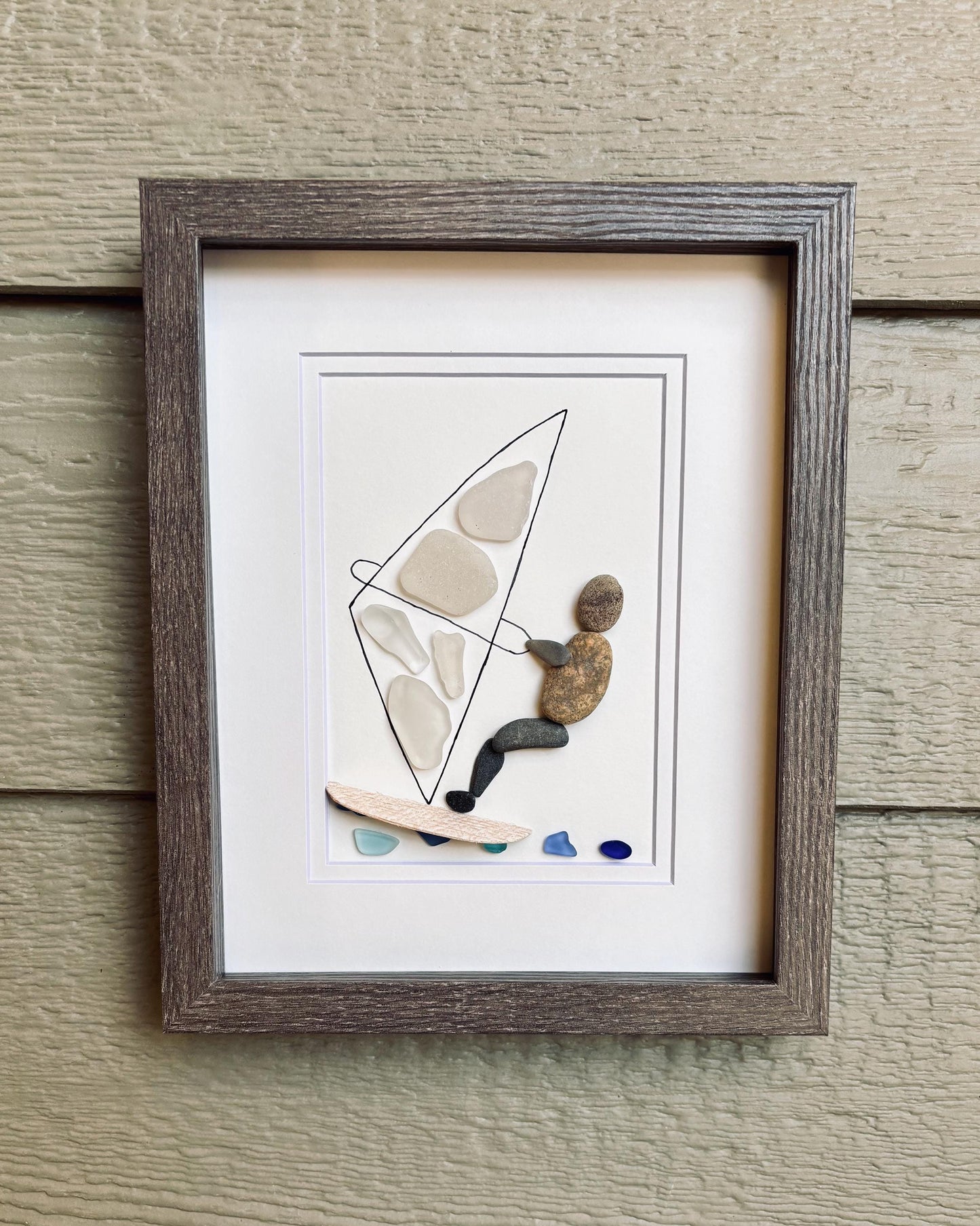 Windsurfing Pebble and Sea Glass Artwork, 8x10” Framed Handmade Wall Decor