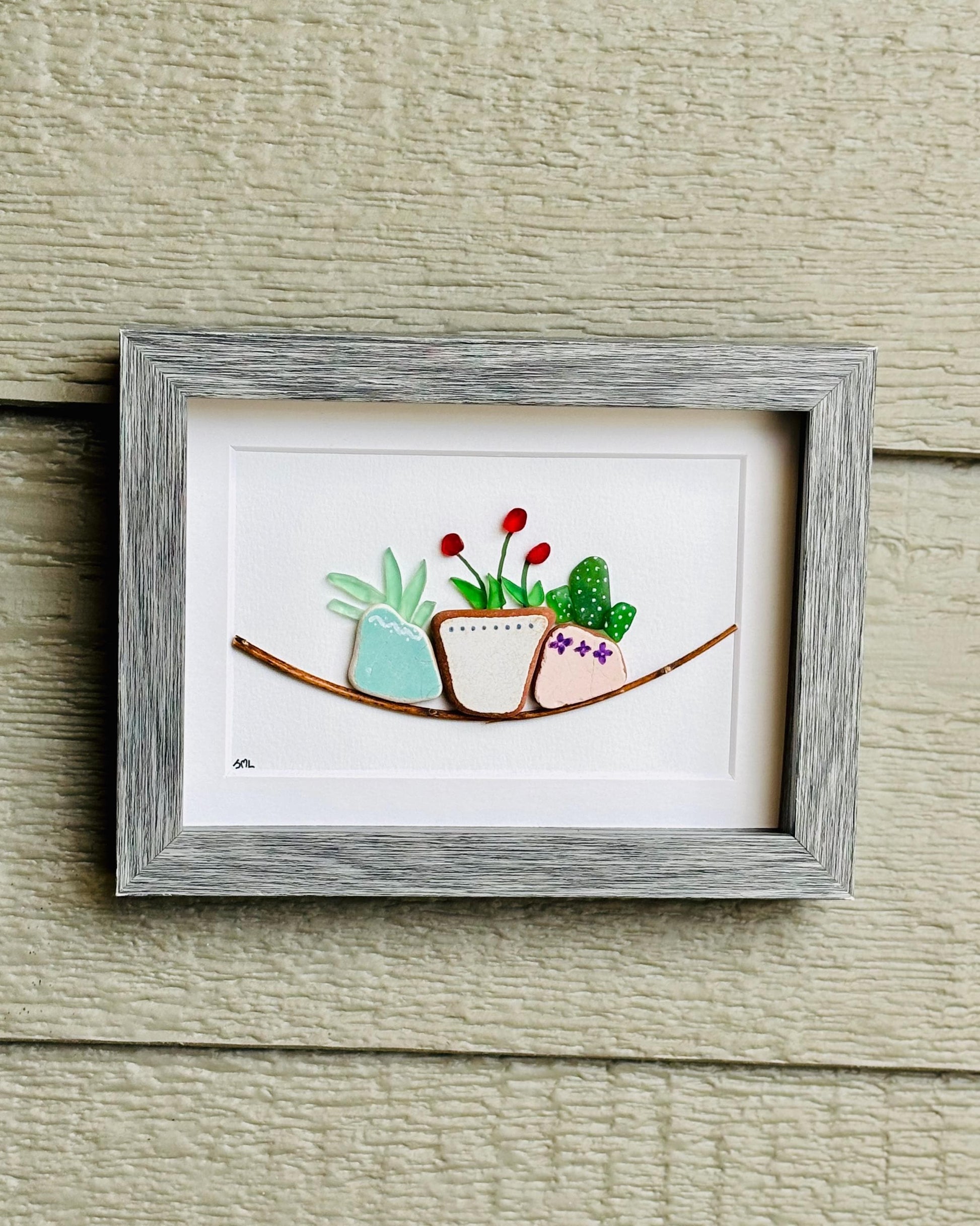 Handmade Sea Glass Pebble Plant Art - Framed Garden Scene