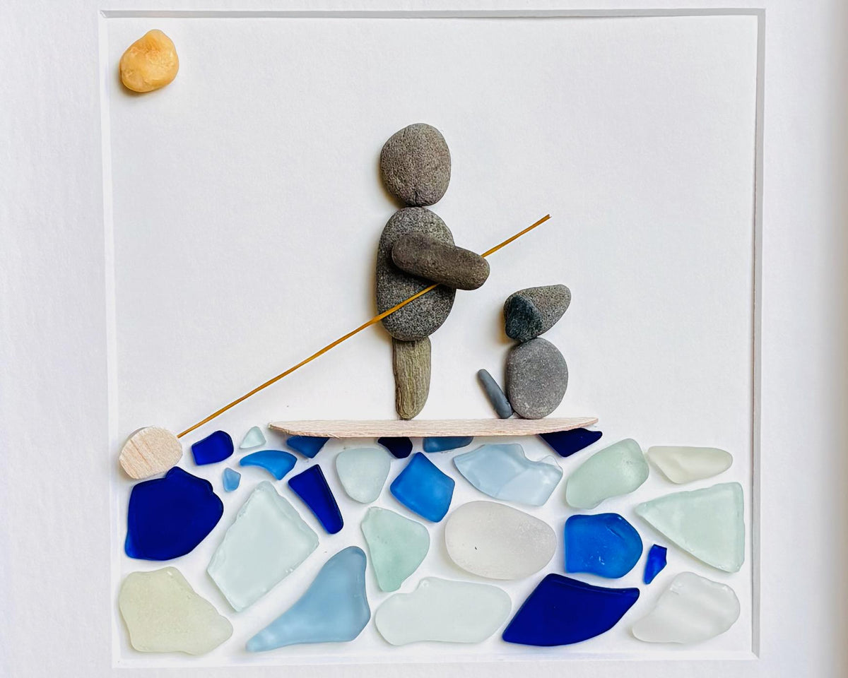 Paddle Boarding With Dog Framed Sea Glass and Pebble Art, ~ 9 x 9 inches