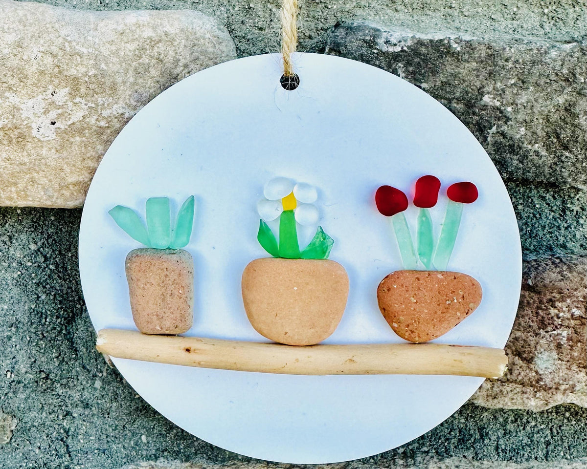 Colorful Sea Glass Flowers in Pebble Pots on wood round made from Scottish Seaglass and Dried Wood, Perfect Holiday Gift, Stocking Stuffer