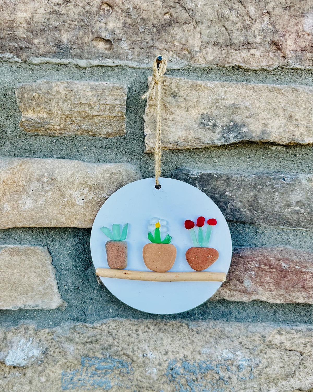 Colorful Sea Glass Flowers in Pebble Pots on wood round made from Scottish Seaglass and Dried Wood, Perfect Holiday Gift, Stocking Stuffer