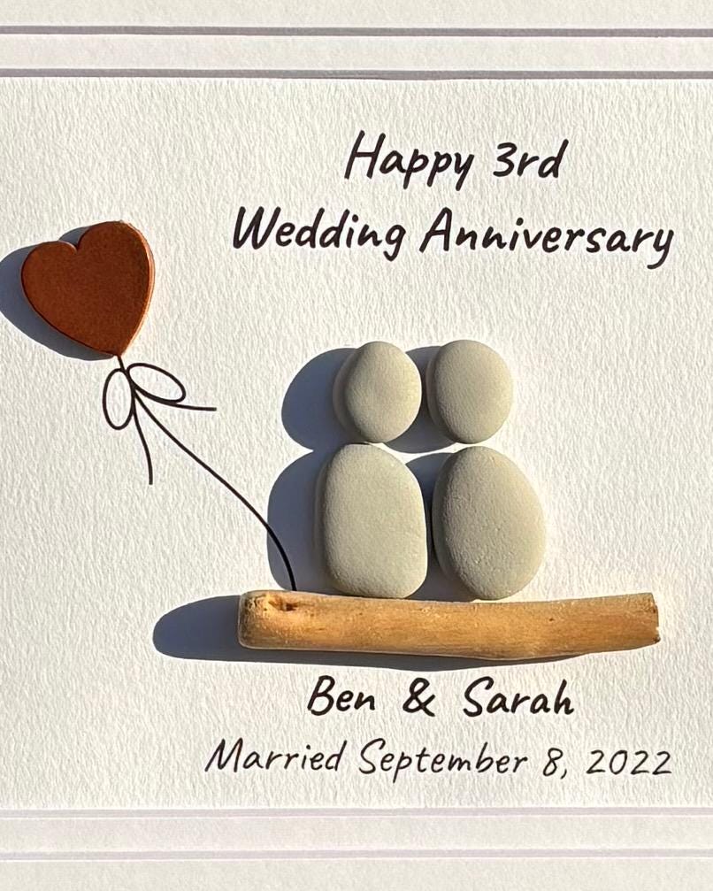 Personalized Pebble Art 3rd Anniversary Gift, Leather Heart Detail