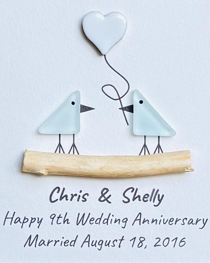 9th Wedding Anniversary Pebble Art | Sea Glass Love Birds With Ceramic Heart