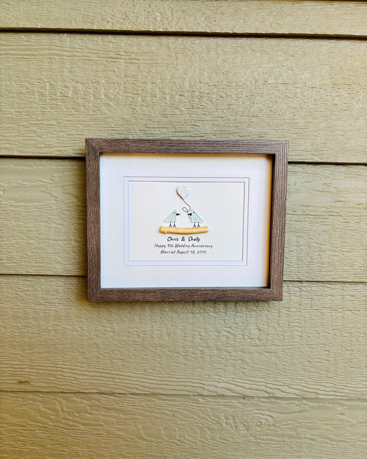 9th Wedding Anniversary Pebble Art | Sea Glass Love Birds With Ceramic Heart