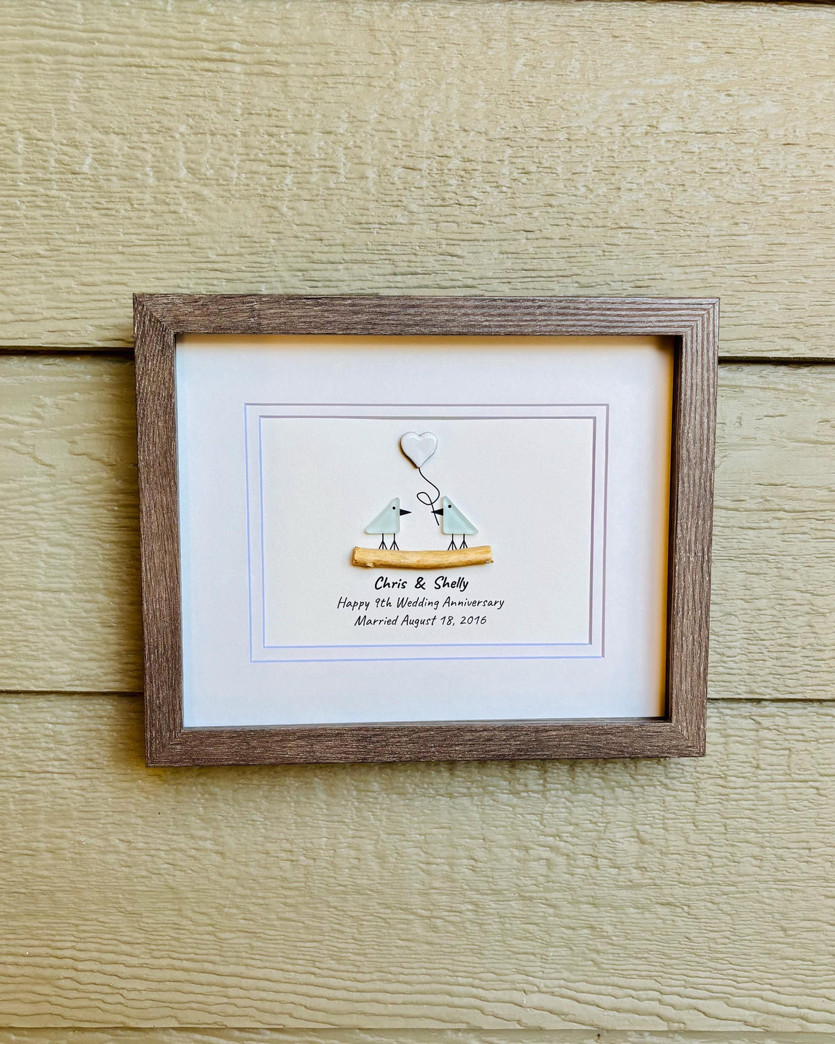 9th Wedding Anniversary Pebble Art | Sea Glass Love Birds With Ceramic Heart