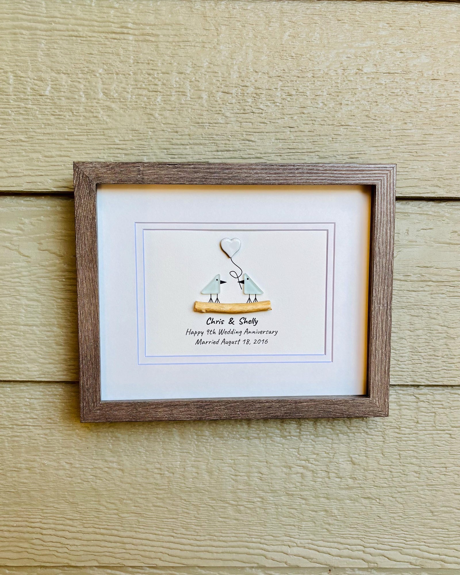 9th Wedding Anniversary Pebble Art | Sea Glass Love Birds With Ceramic Heart