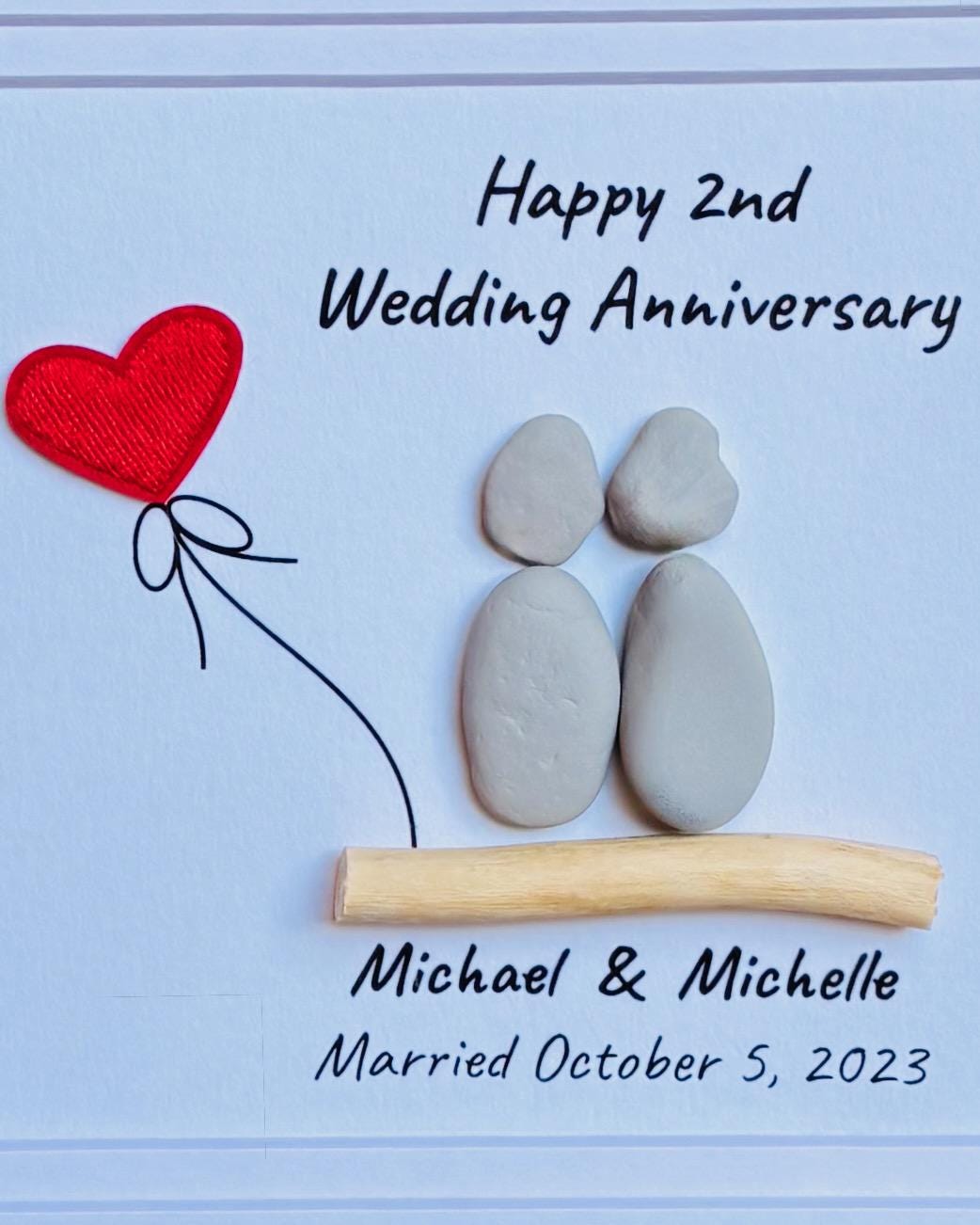 2nd Wedding Anniversary Pebble Art | Cotton Anniversary Gift With Red Heart