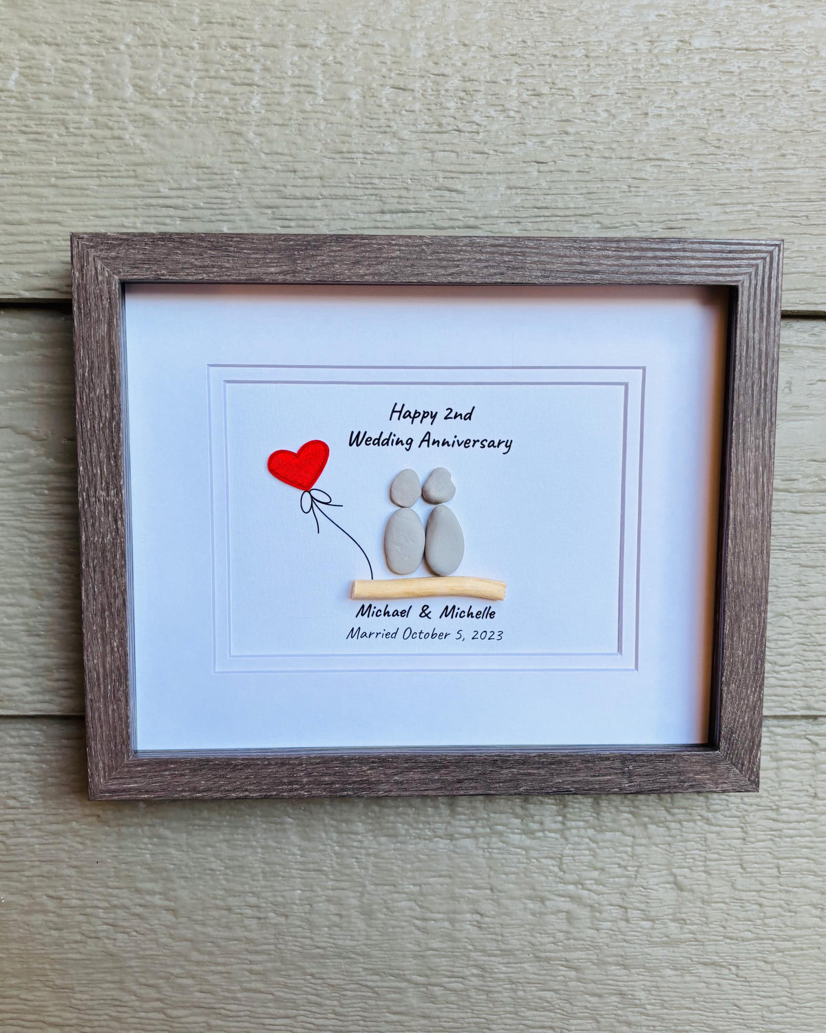 2nd Wedding Anniversary Pebble Art | Cotton Anniversary Gift With Red Heart
