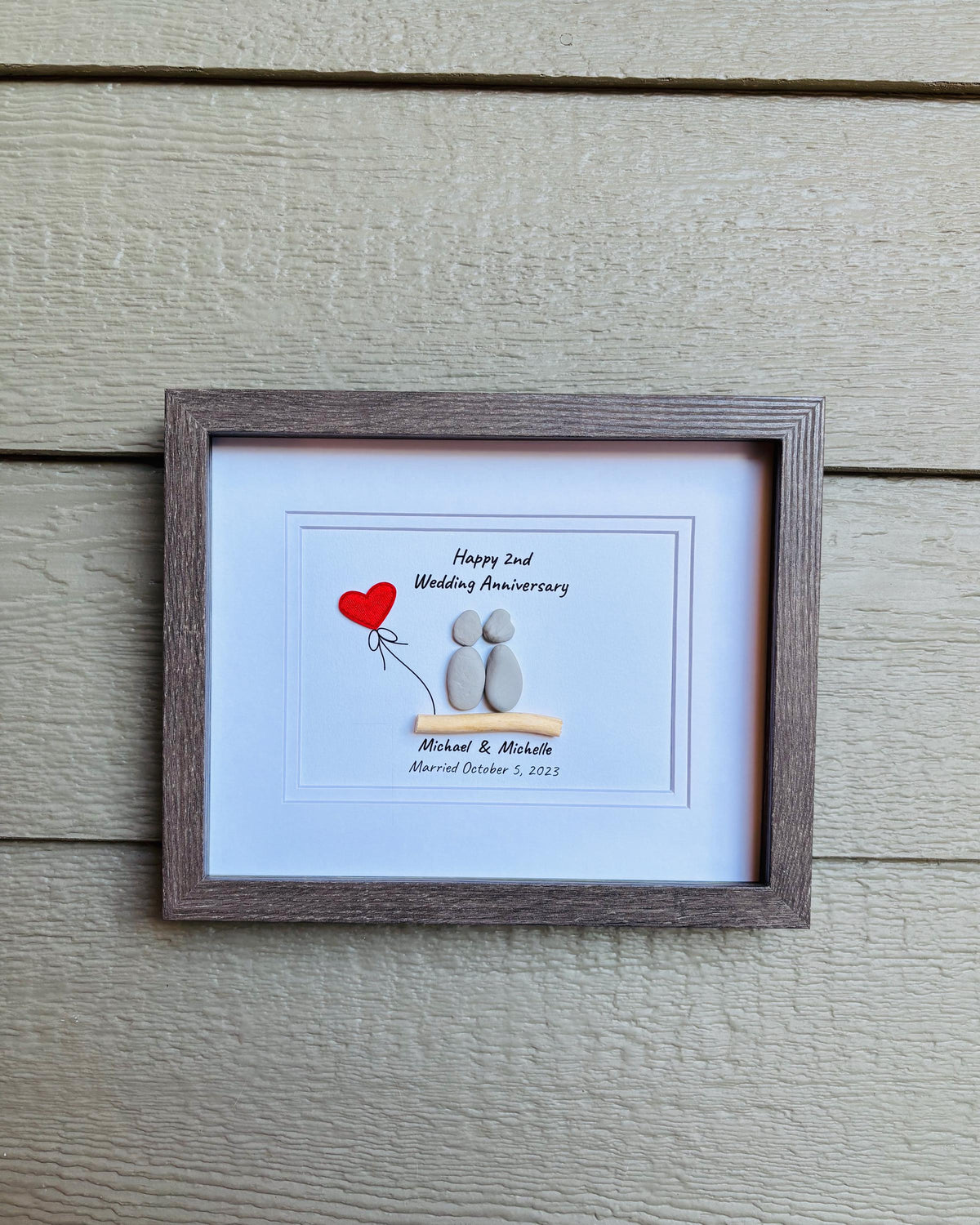 2nd Wedding Anniversary Pebble Art | Cotton Anniversary Gift With Red Heart