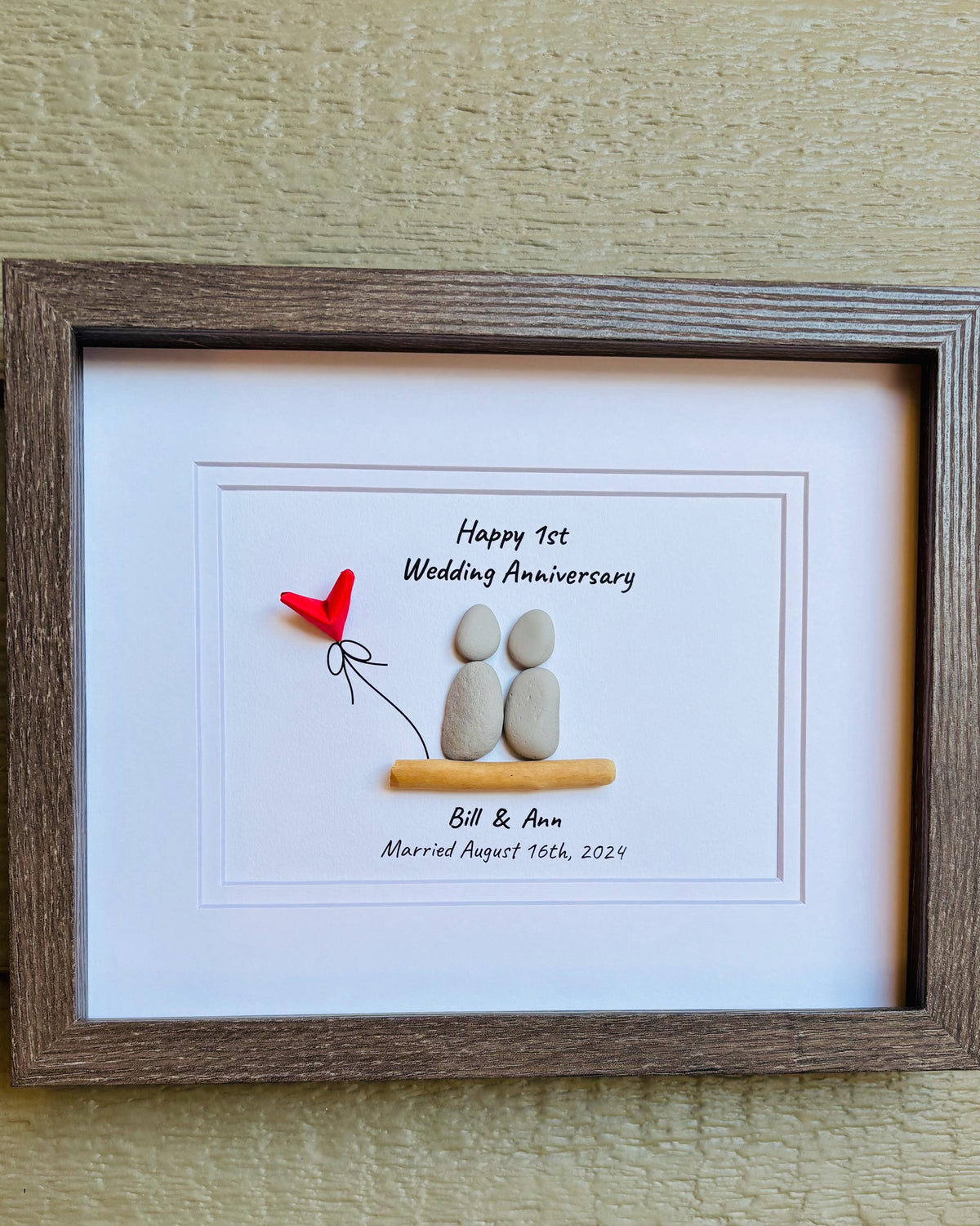 1st Wedding Anniversary Pebble Art | Paper Anniversary Gift With Red Heart