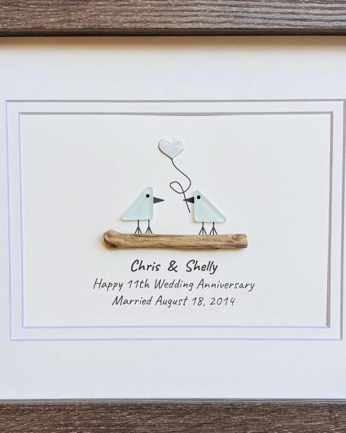 11th Wedding Anniversary Pebble Art | Steel Anniversary Gift | Sea Glass Love Birds