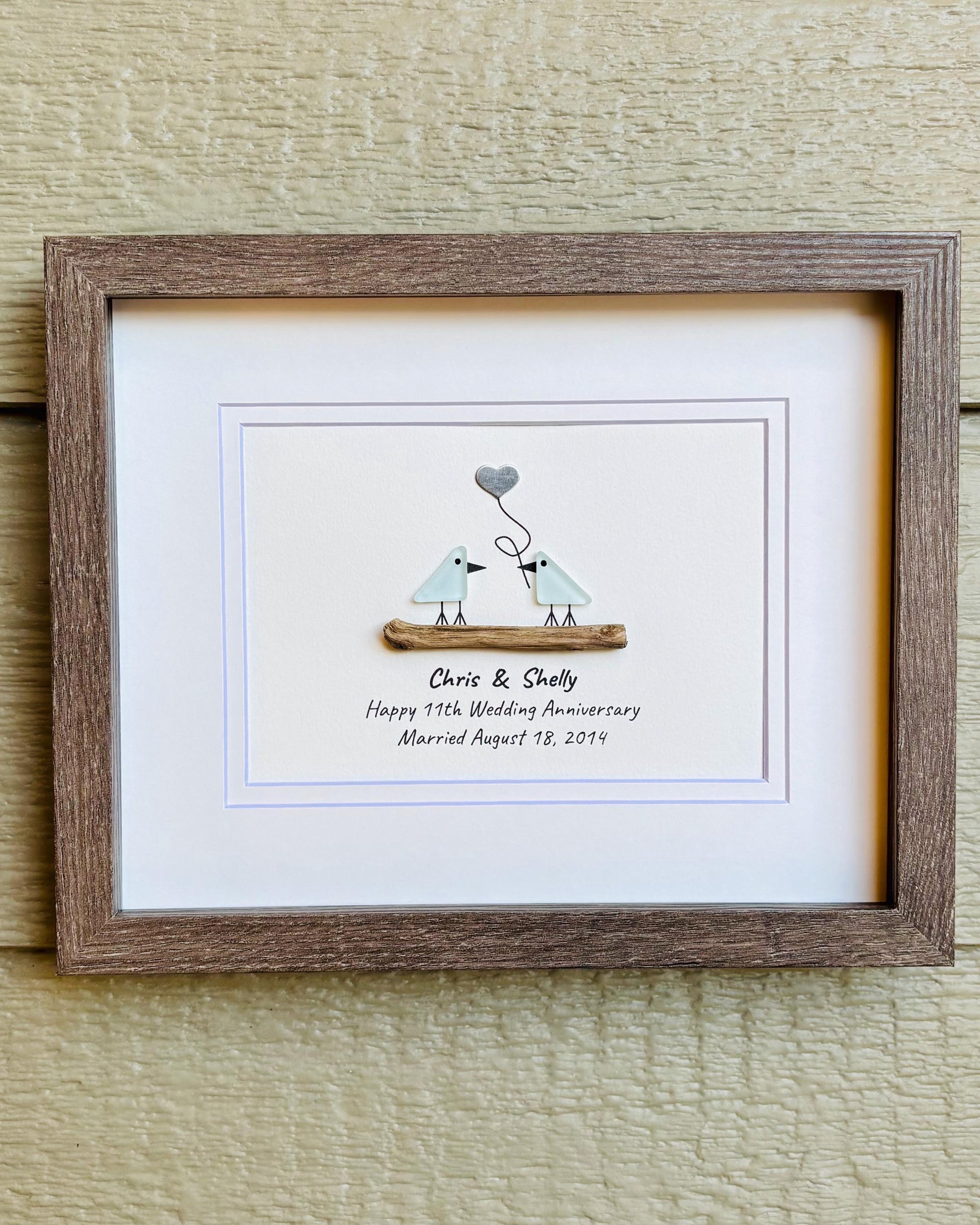 11th Wedding Anniversary Pebble Art | Steel Anniversary Gift | Sea Glass Love Birds