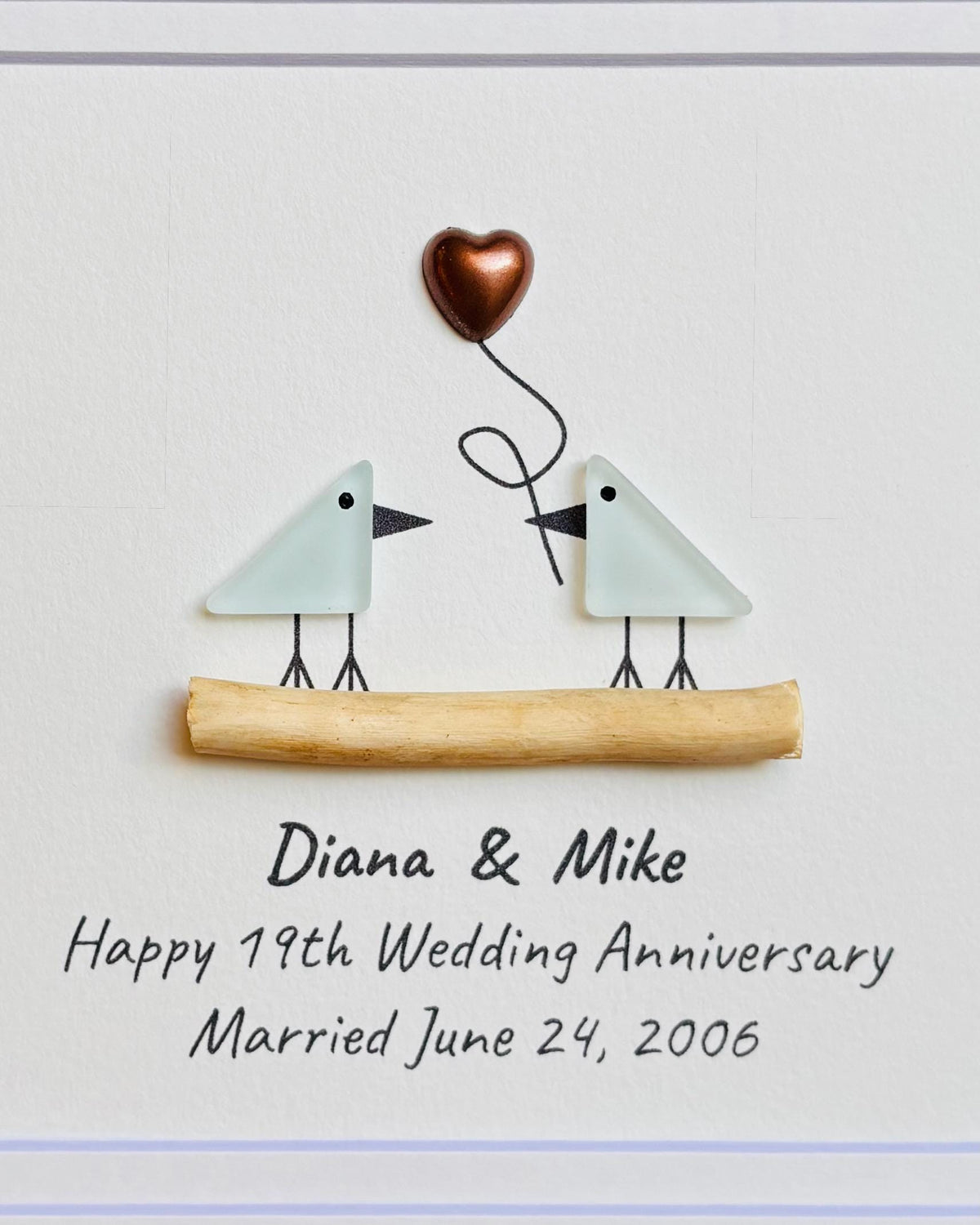 19th Wedding Anniversary Pebble Art | Bronze Anniversary Gift | Sea Glass Love Birds