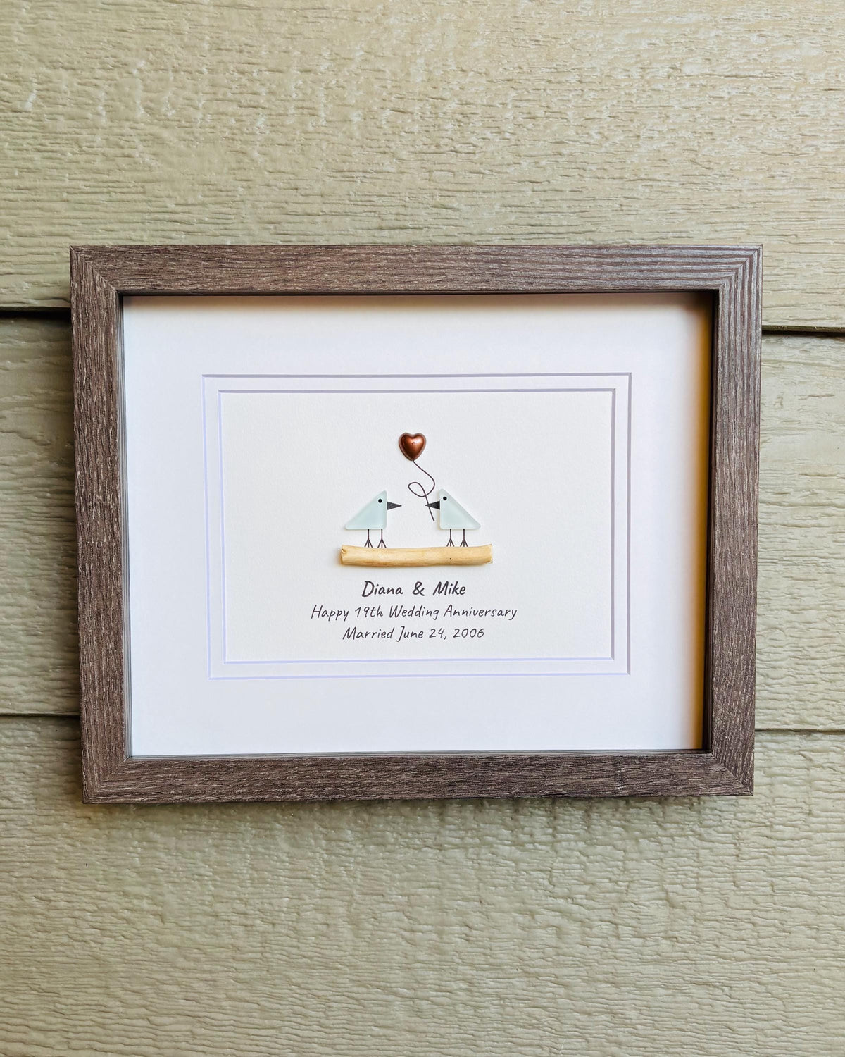 19th Wedding Anniversary Pebble Art | Bronze Anniversary Gift | Sea Glass Love Birds
