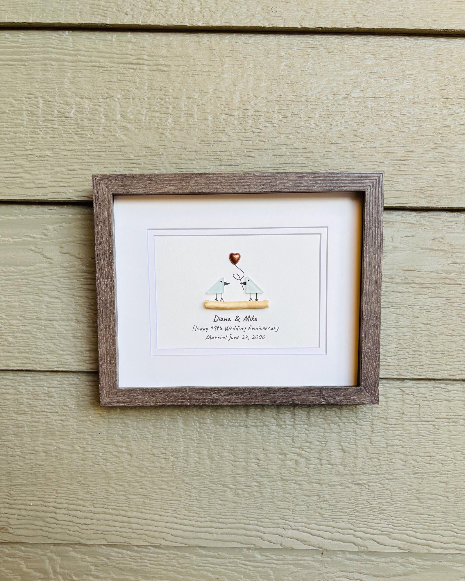 19th Wedding Anniversary Pebble Art | Bronze Anniversary Gift | Sea Glass Love Birds