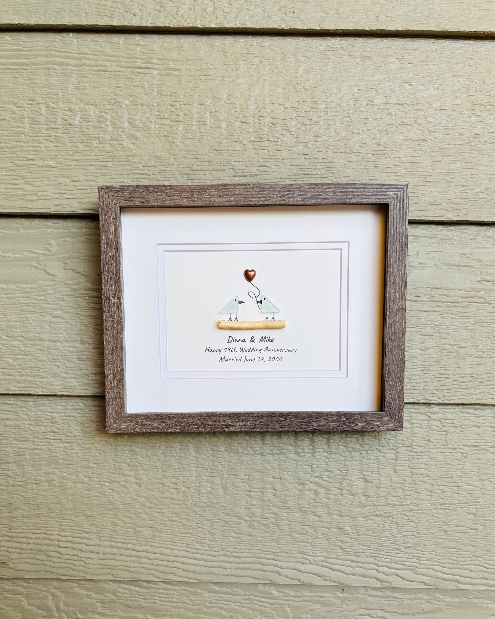 19th Wedding Anniversary Pebble Art | Bronze Anniversary Gift | Sea Glass Love Birds