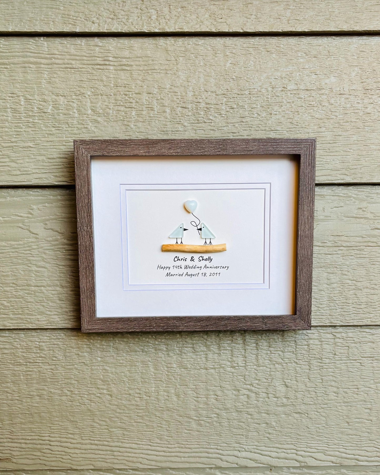 14th Wedding Anniversary Personalized Gift, 8x10” Framed Sea Glass Art, Opal / Ivory Anniversary Gift for Parents, Wife, Husband
