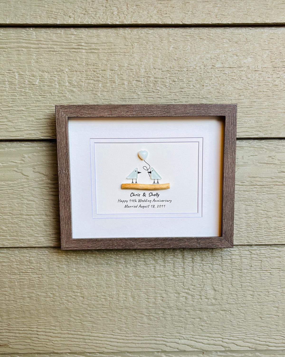 14th Wedding Anniversary Personalized Gift, 8x10” Framed Sea Glass Art, Opal / Ivory Anniversary Gift for Parents, Wife, Husband