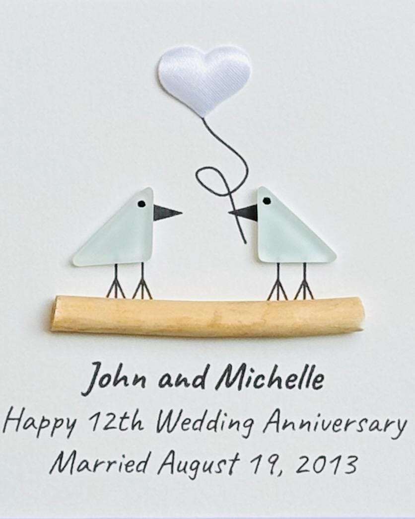 12th Wedding Anniversary Personalized Gift, 8x10” Framed Sea Glass Art, Silk / Linen Anniversary Gift for Parents, Wife, Husband
