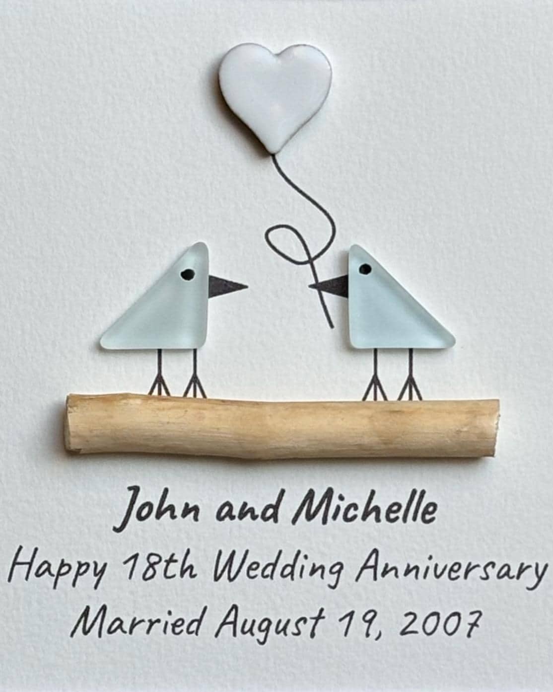 Personalized 18th Wedding Anniversary Sea Glass Art | Porcelain Anniversary Gift | Seaglass Love Birds Artwork