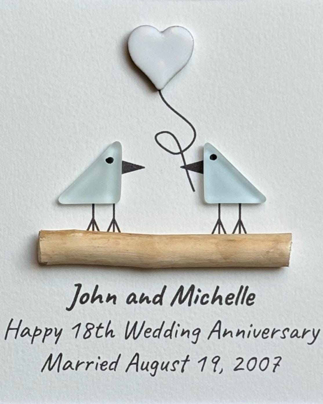 Customized 18th Wedding Anniversary Pebble Art | Porcelain Anniversary Gift | Sea Glass Love Birds Artwork