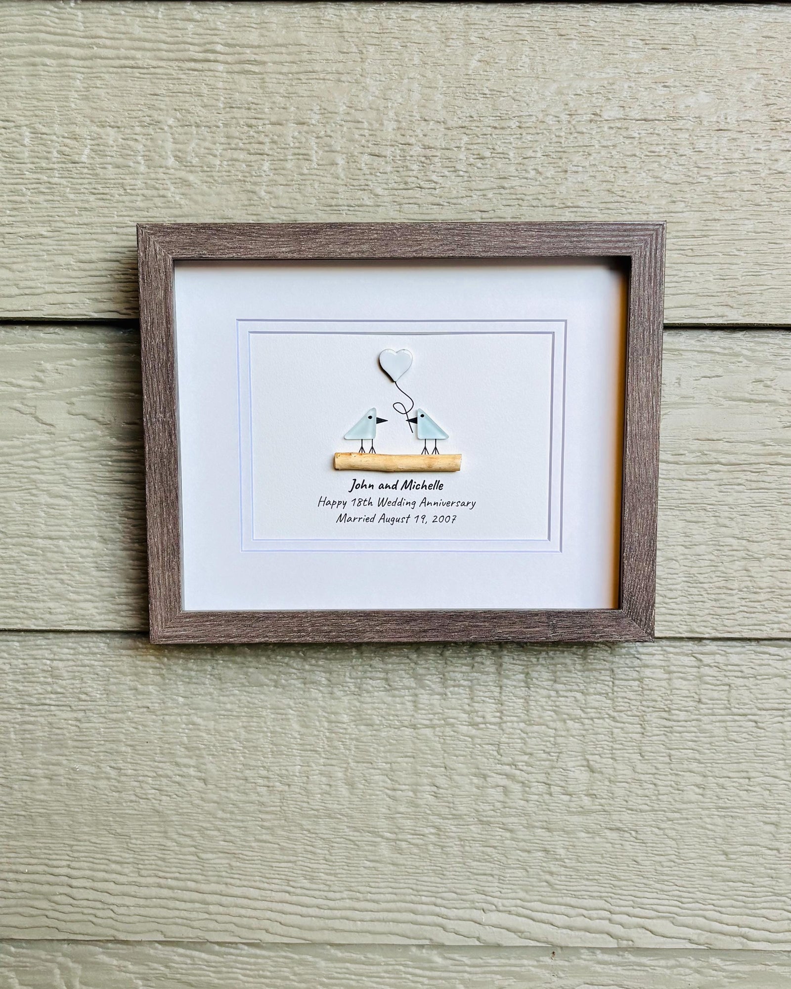 Customized 18th Wedding Anniversary Pebble Art | Porcelain Anniversary Gift | Sea Glass Love Birds Artwork