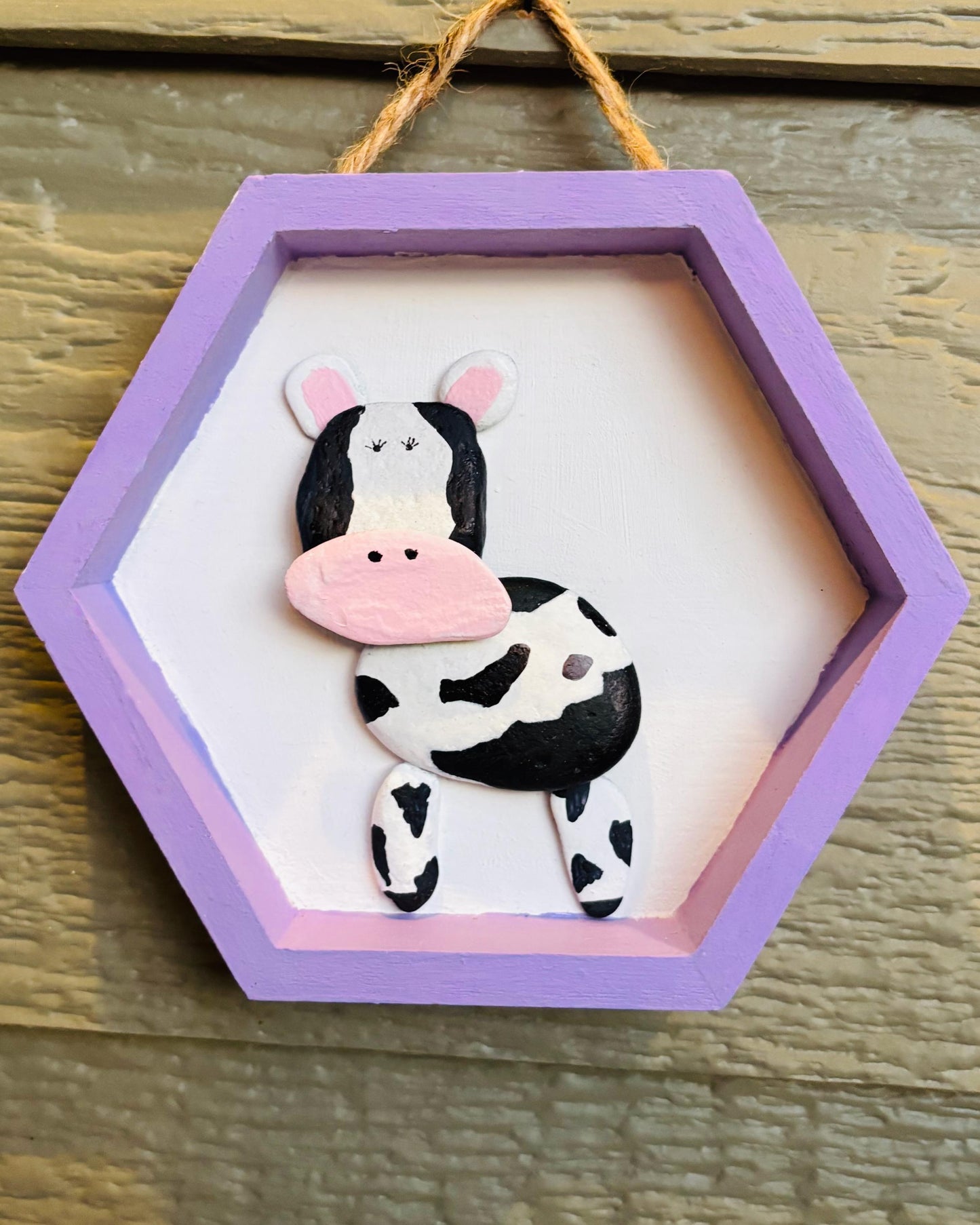 Handmade Pebble-Style Cow Sign | Purple Hexagon Nursery Decor