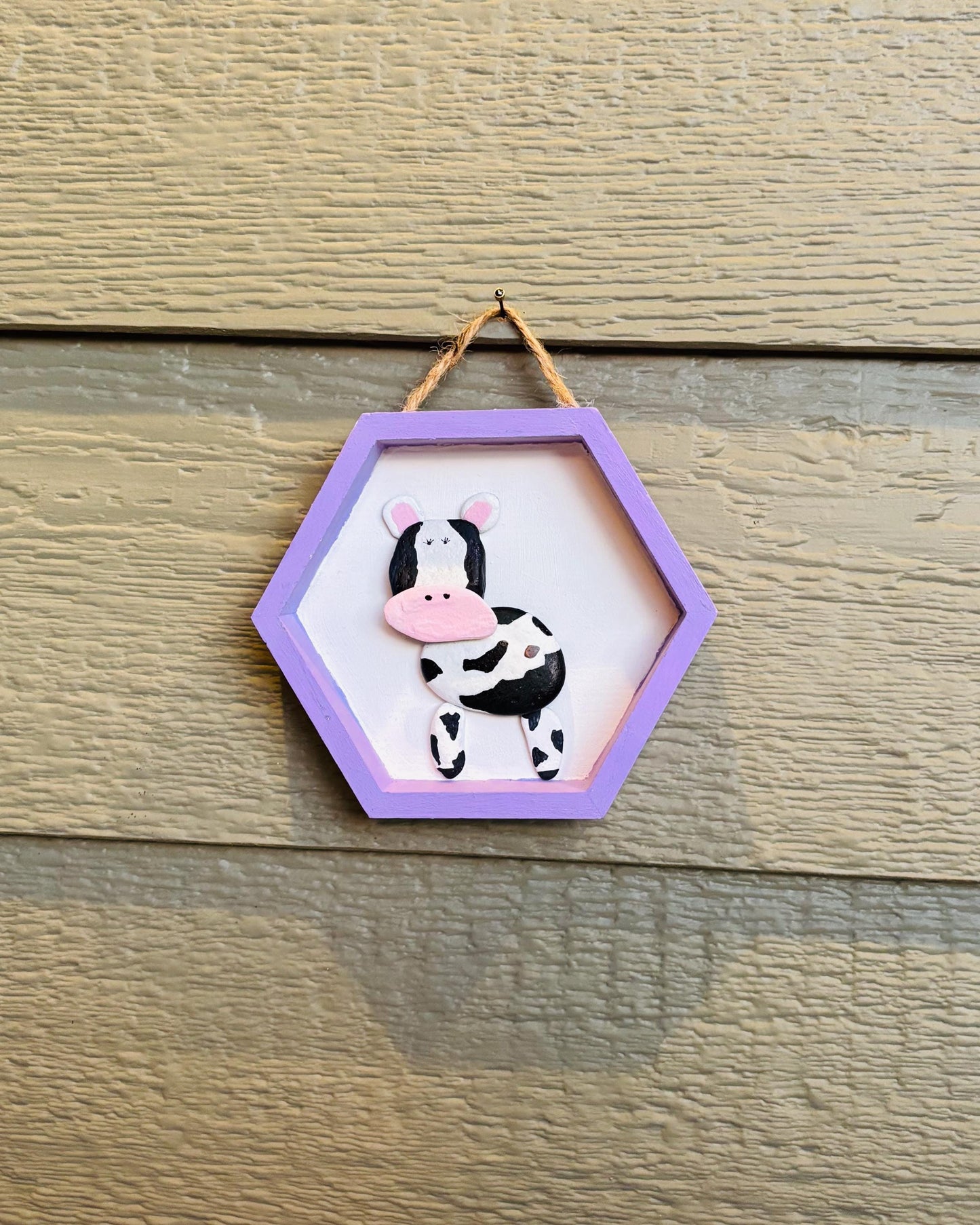 Handmade Pebble-Style Cow Sign | Purple Hexagon Nursery Decor